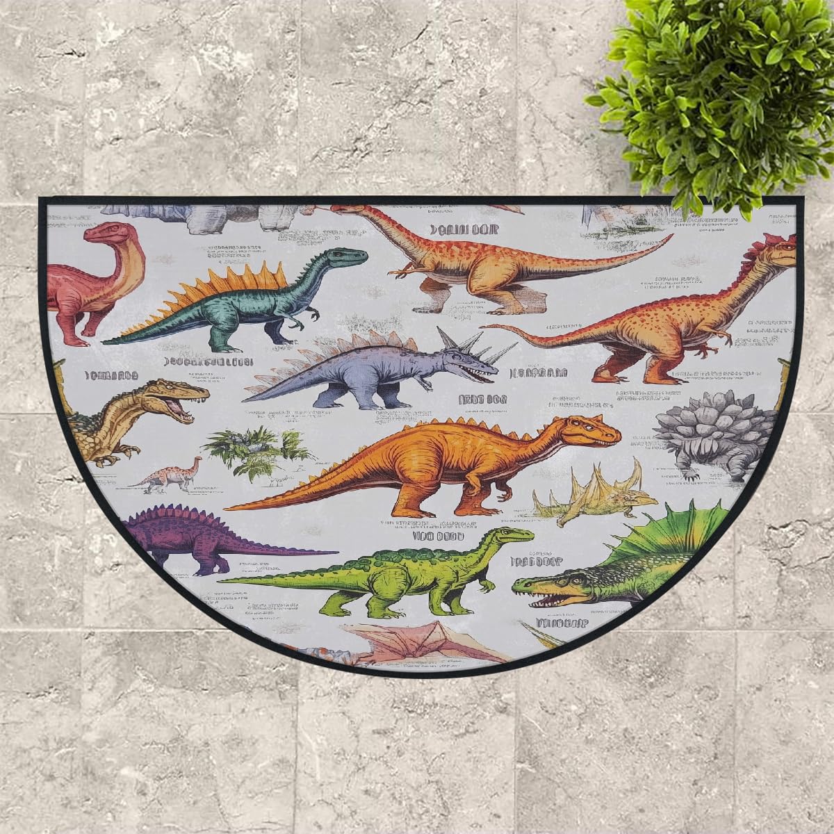 Mexpekil Paillasson demi-rond antidérapant lavable en demi-lune avec motif dinosaure - Attrape la saleté - Pour intérieur et extérieur - 100 x 160 cm