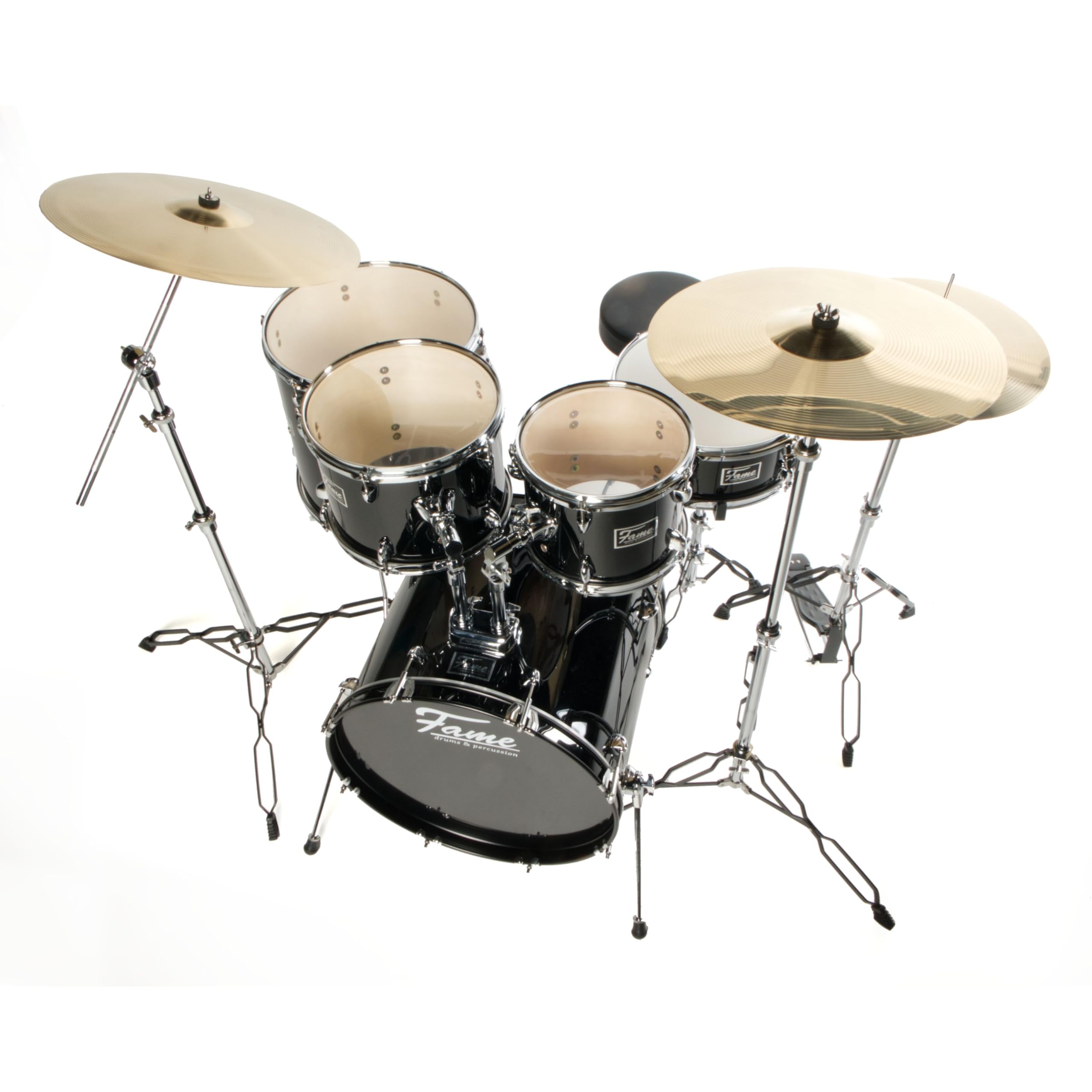 Fame FG22B-BK First Gig Rock Set, Komplettes Drum-Set Schwarz, Inklusive Becken und Hardware, Pappel-Kessel, 22 Zoll Bass Drum, 10 und 12 Zoll Tom-Tom, 16 Zoll Floor Tom, 14 Zoll Snare, Ideal für