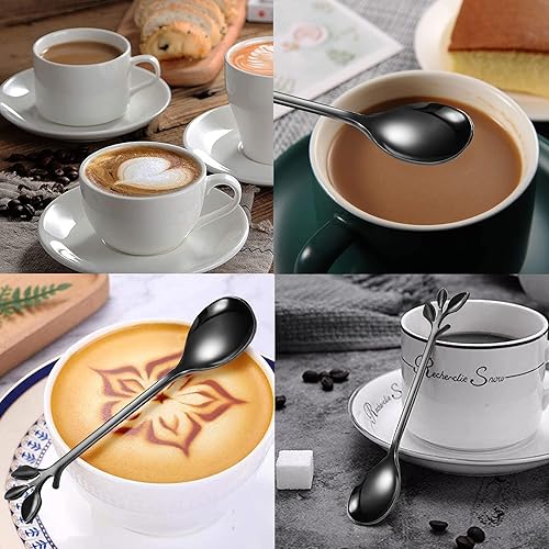 Miniatura 4 de IFeico Mini cucharas de café, cucharas de té de acero inoxidable de grado alimenticio, cucharas de postre de hojas negras de 4.7 pulgadas para el
