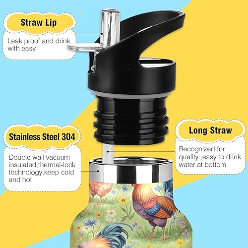 Miniatura 3 de Kids Water Bottle Leakproof Insulated Water Bottle 20oz, BPA-Free, Watercolor Chickens Roosters Wildflowers