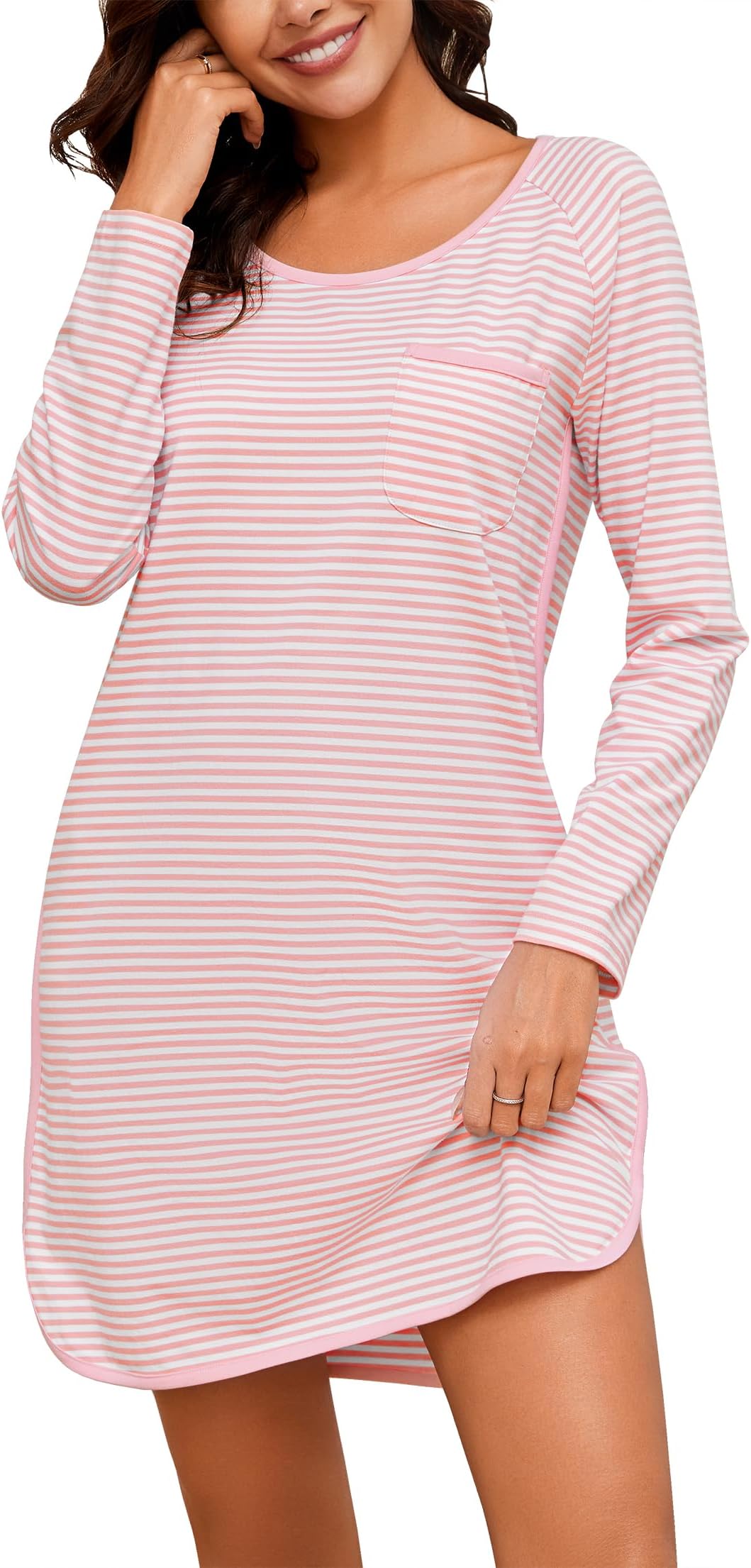 Cotton Nightgowns for Women Soft Striped House Dress Long Sleeve Sleep Shirts Fall Sleepwear Night Gown Nightshirt