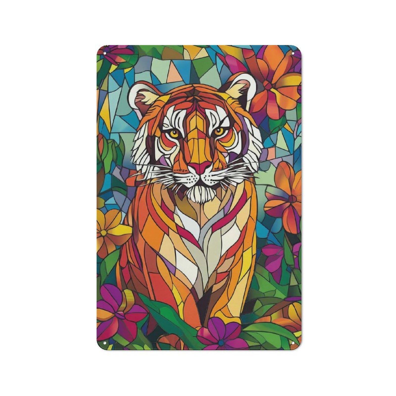 Junmoney Stained Glass Tiger Cottage Metal Wall Decor 30X20cm, Shed Metal Sign For Patio Bar, Workshop, Shed Or Kitchen