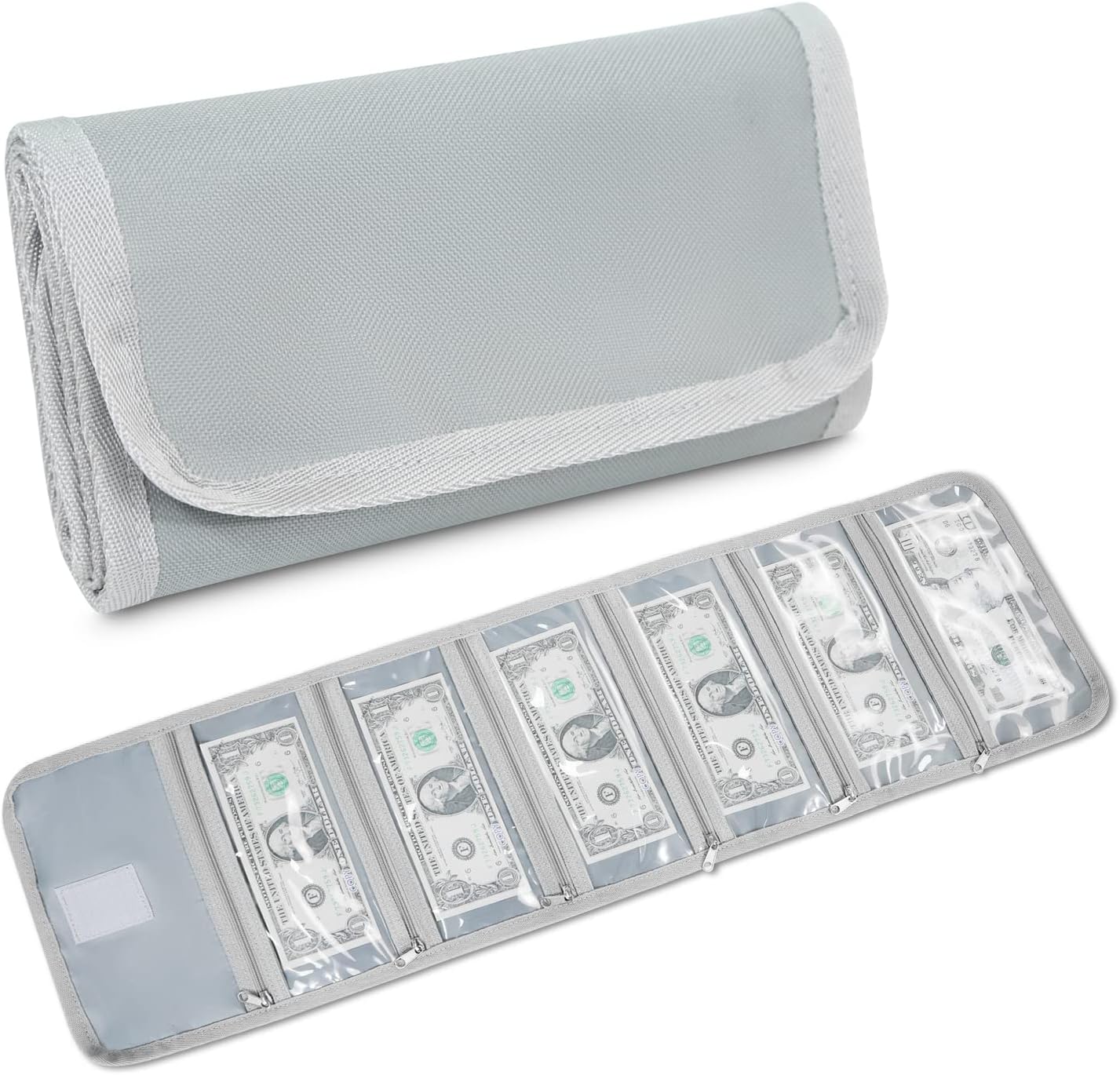 vochic money wallet, money organizer for cash with 6 zippered pocket multipack money pouch, cash bill organizer, money bag small travel money holder for budgeting, receipt and tips 4.25x8 inches gray green