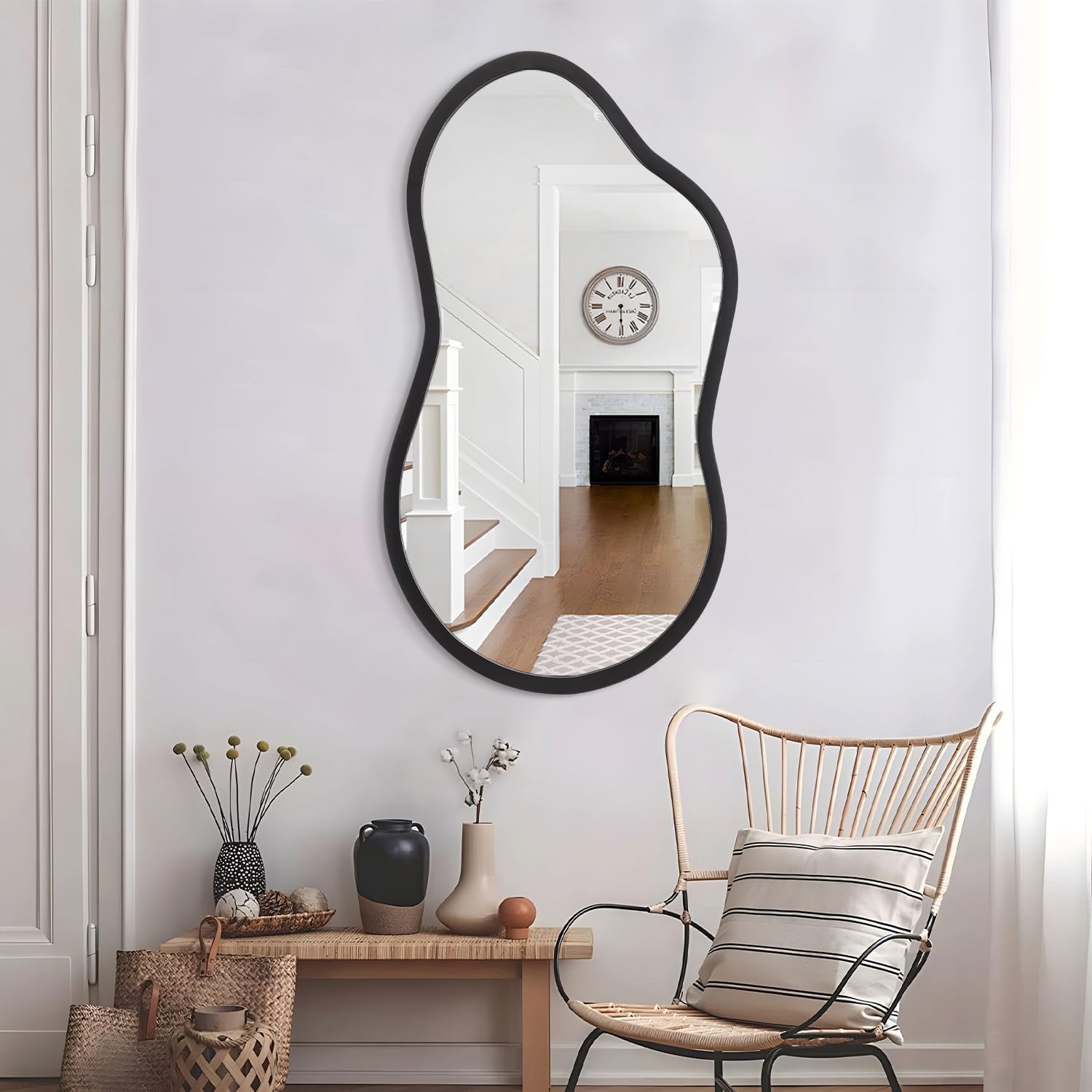 AAZZKANG Large Irregular Wall Mirror 26"x16" Black Asymmetrical Mirrors Modern Wood Frame for Bathroom Bedroom Living Room Entryway