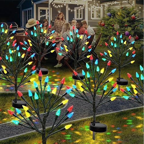 Luces solares de jardín para exteriores, paquete de 2 luces LED multicolor C6 de árbol de fresa con fiesta de Navidad y decoración de regalos, luces