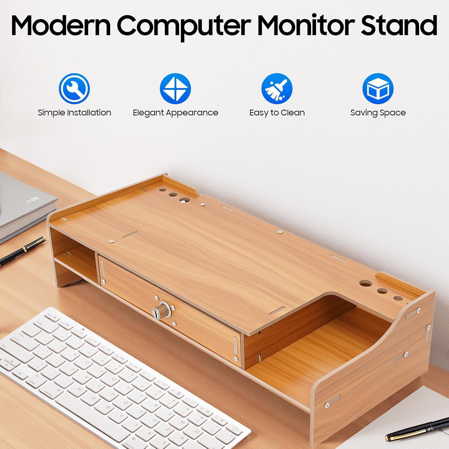 Monitor Stand Riser with Drawer, Lockable Computer Monitor Stand Desktop Organizer with Pen Holes & Cell Phone Holder for Laptop Computer Home and Office Use