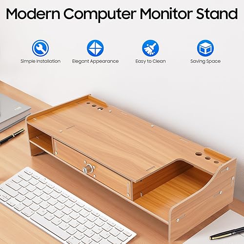 Miniatura 5 de Soporte para monitor de computadora de escritorio, organizador de escritorio de computadora de madera con cajón con cerradura, capacidad de carga de