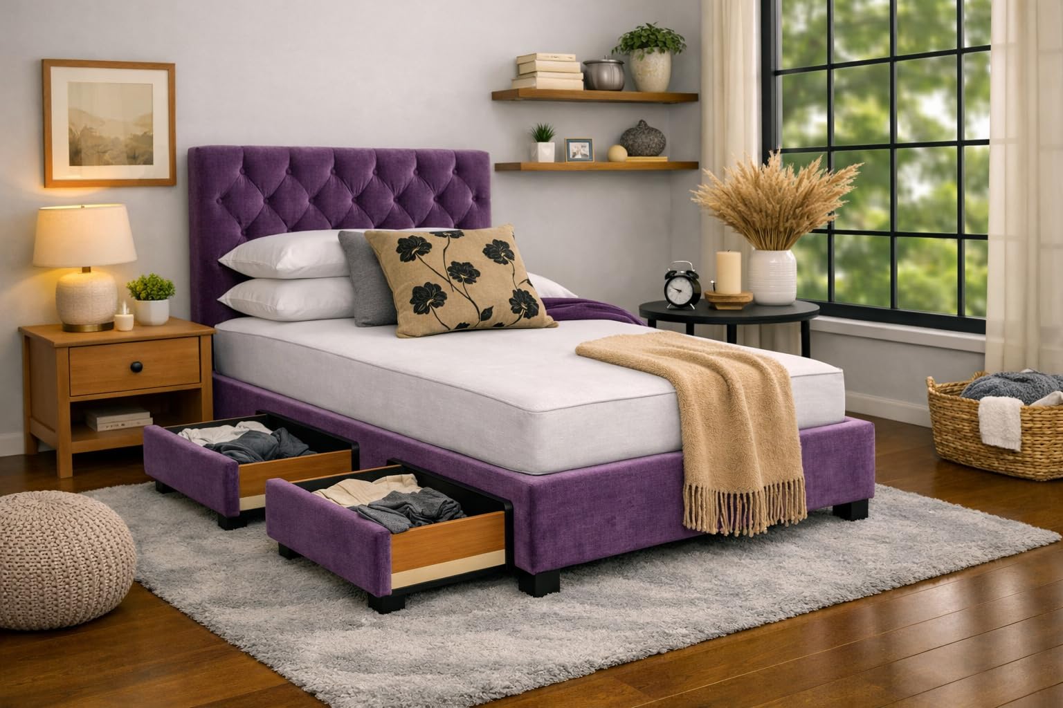Divan Bed with Mattress | Single 3FT | Choice of Colours | 2 Storage Drawers | Toronto Headboard | Bed Frame with Mattress Included (Purple Chenille)