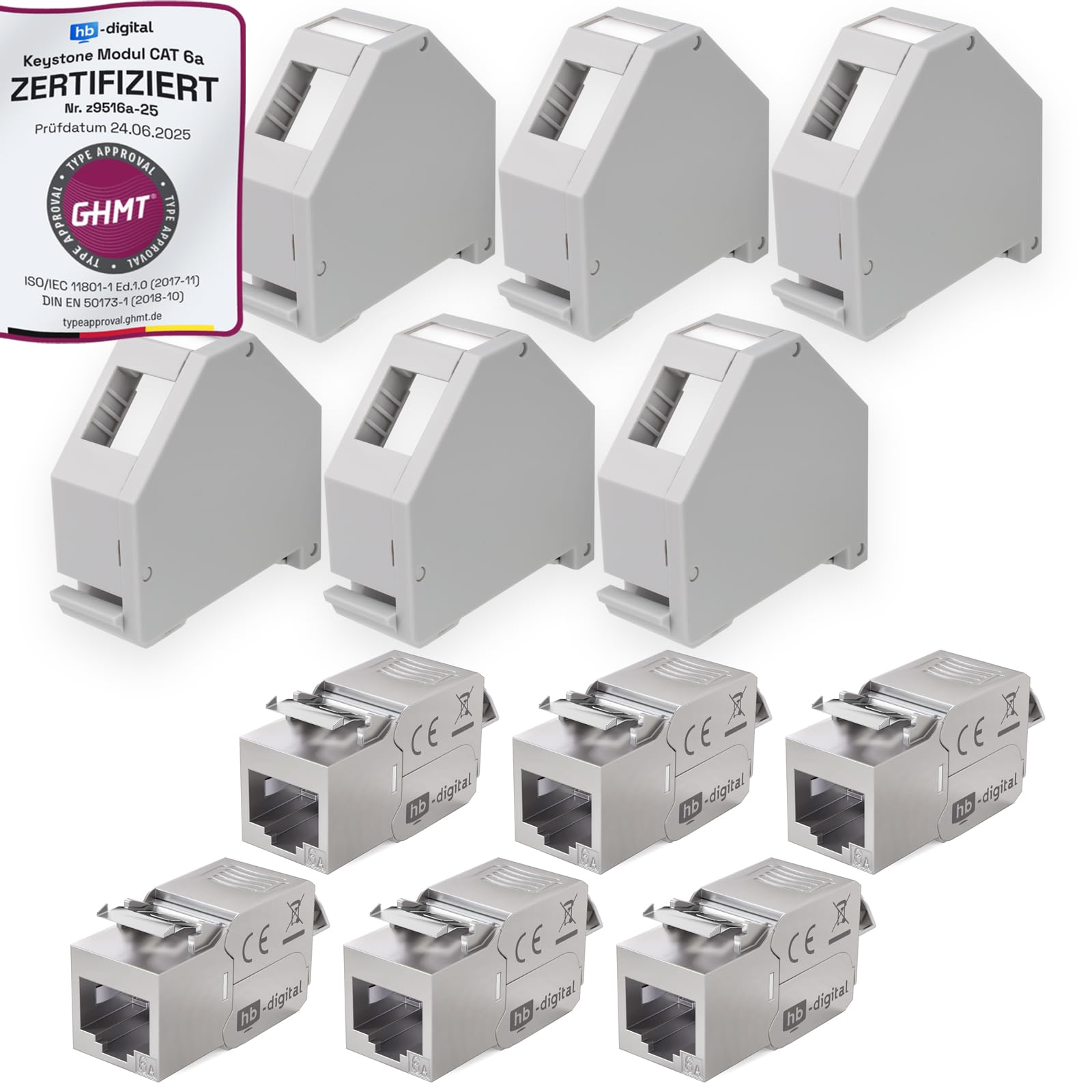hb-digital Kit : 6 modules Keystone Cat.6a RJ45 + 6 adaptateurs de rail DIN Support Keystone pour rail DIN standard 35 mm | RJ35 blindé sans outil Montage Ethernet LAN réseau STP LSA