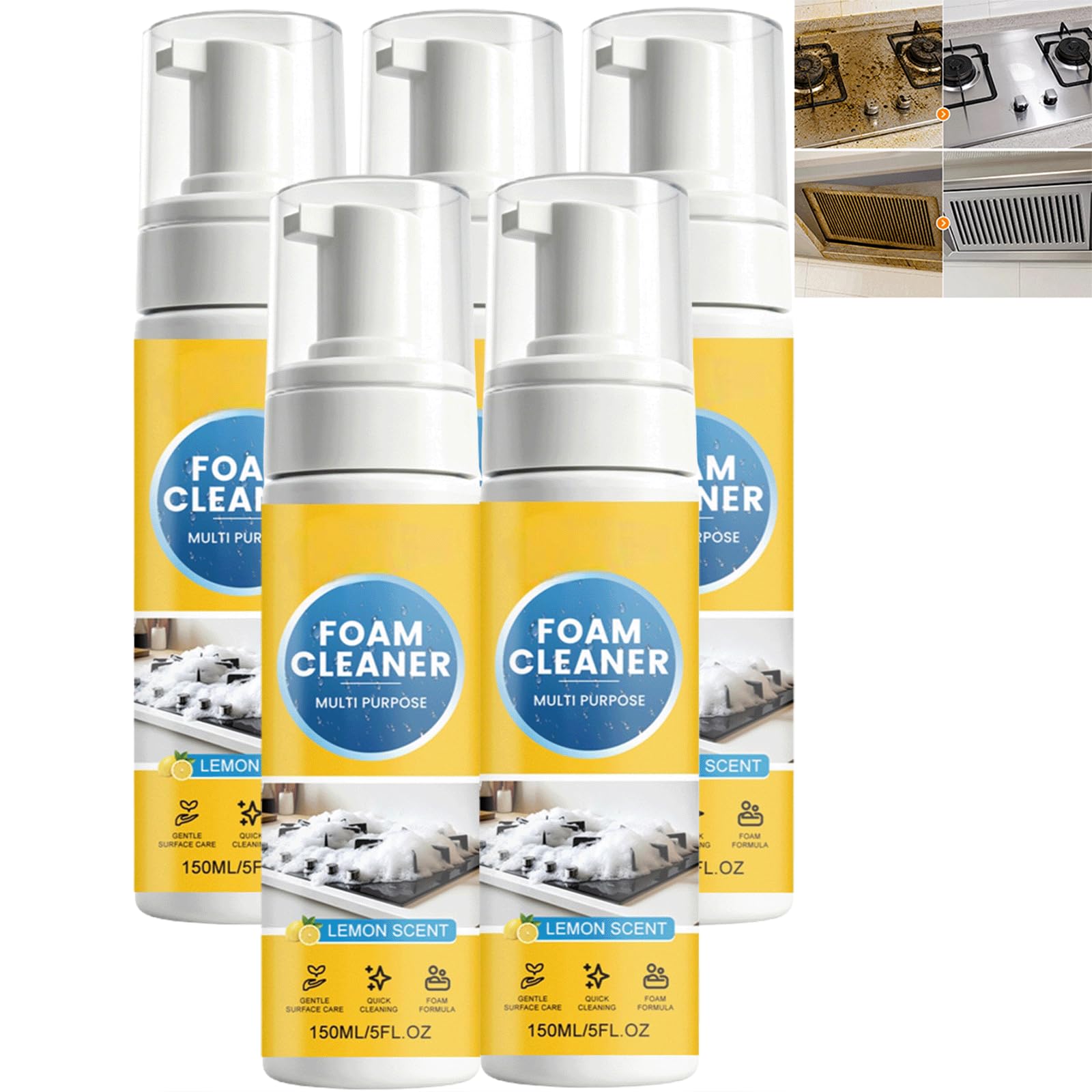 Aroma de limón Spray de espuma limpiadora multiusos sin enjuague para trabajo pesado - Potente desengrasante de cocina, limpiadores domésticos para todo uso, (5 piezas)