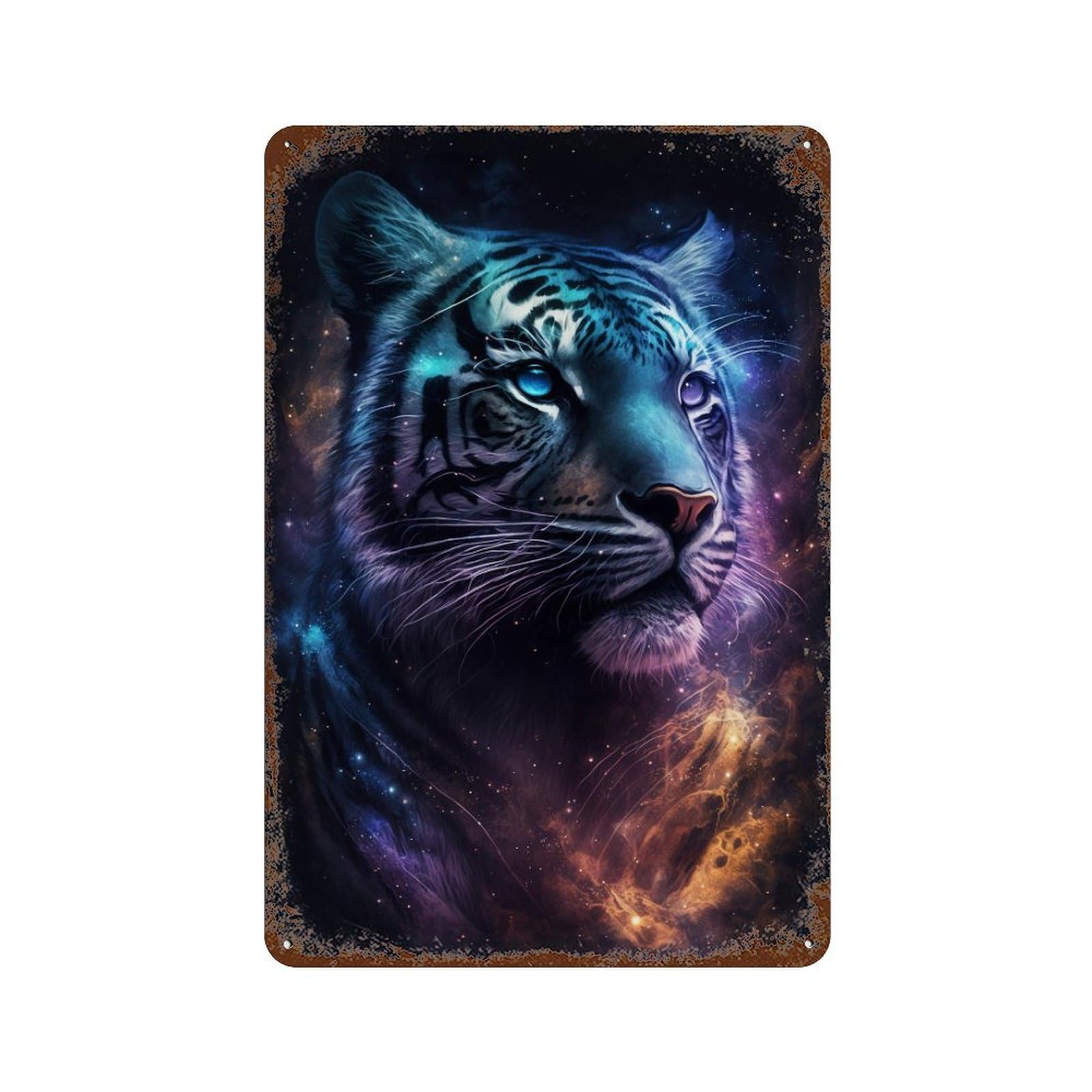 Cosmic Tiger Portrait-8 11.8"x7.9" Distressed Metal Wall Sign, Shabby Chic Decor for Shed, Workshop And Garage Wall Decor