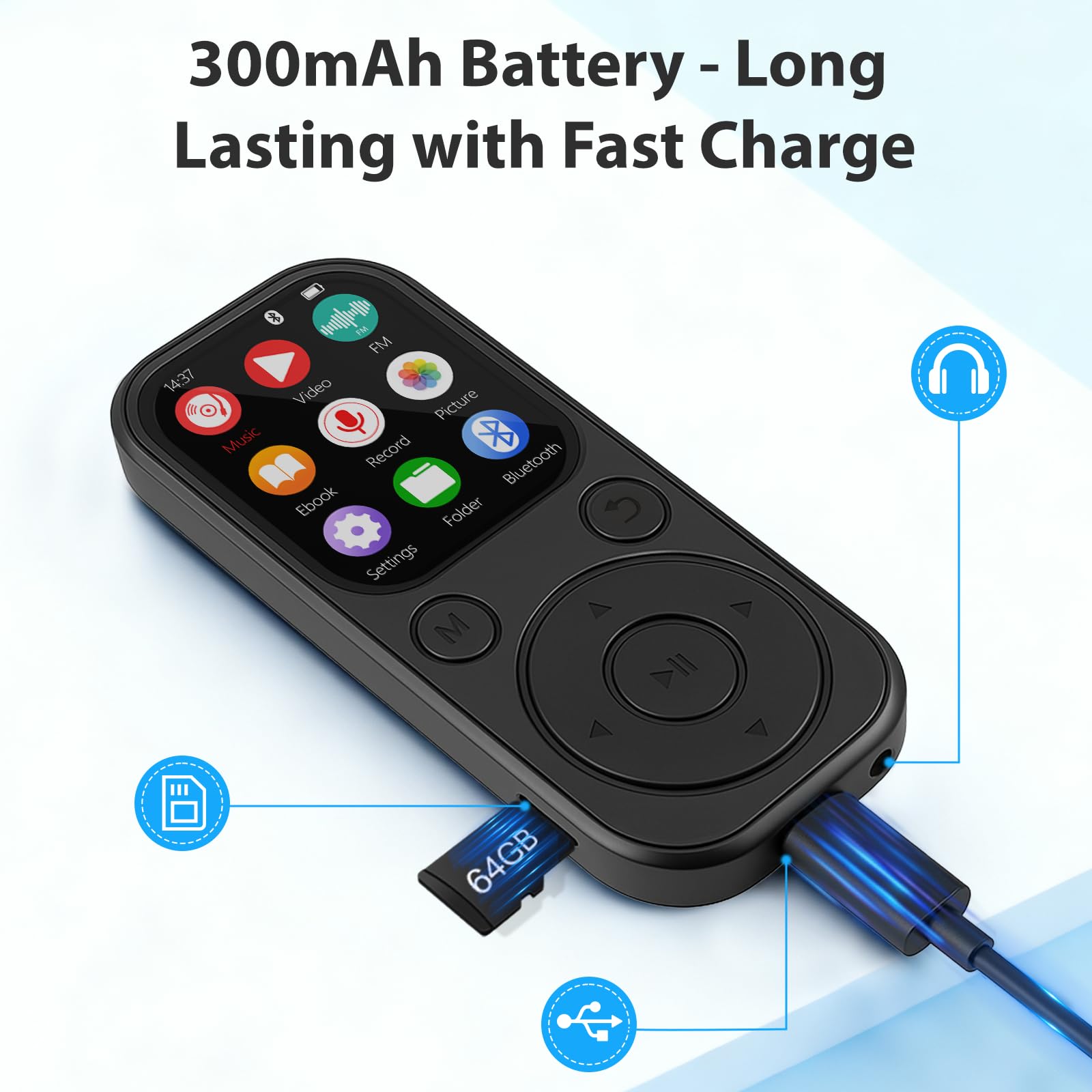 MP3 Player mit Bluetooth 5.3, Tragbarer Musikplayer mit 64GB Speicherkarte, FM Radio, Sprachaufnahme, HiFi Sound, MP3 & MP4 Player, Kinder MP3 Player, Kopfhörer inklusive, Unterstützt bis zu 128GB