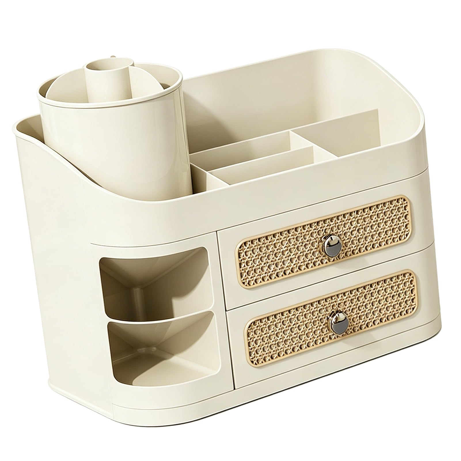Aramox Custodia per Cosmetici, Organizer per Trucchi in Plastica con 2 Cassetti e Portaspazzole, Multistrato da Appoggio, 35,2 X 19, X 26,4 Cm per Bagno (WHITE)