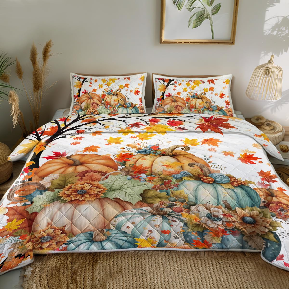 Sleepwish 3pcs Pumpkin Print Quilt Set Soft Lightweight Bed Set Flower Maple Leaves Bedspread Full Size for Kids Girls with 2 Pillow Covers Thanksgiving Day Gifts