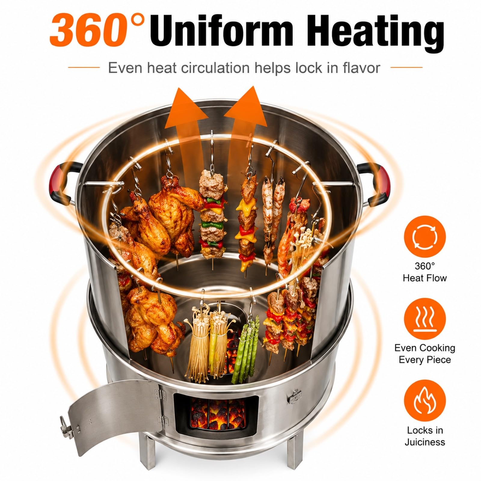 Pionowy grill na węgiel drzewny ze stali nierdzewnej, z termometrem, równomierne nagrzewanie 360°, wytrzymały grill na zewnątrz, na podwórko, kemping, tylne drzwi