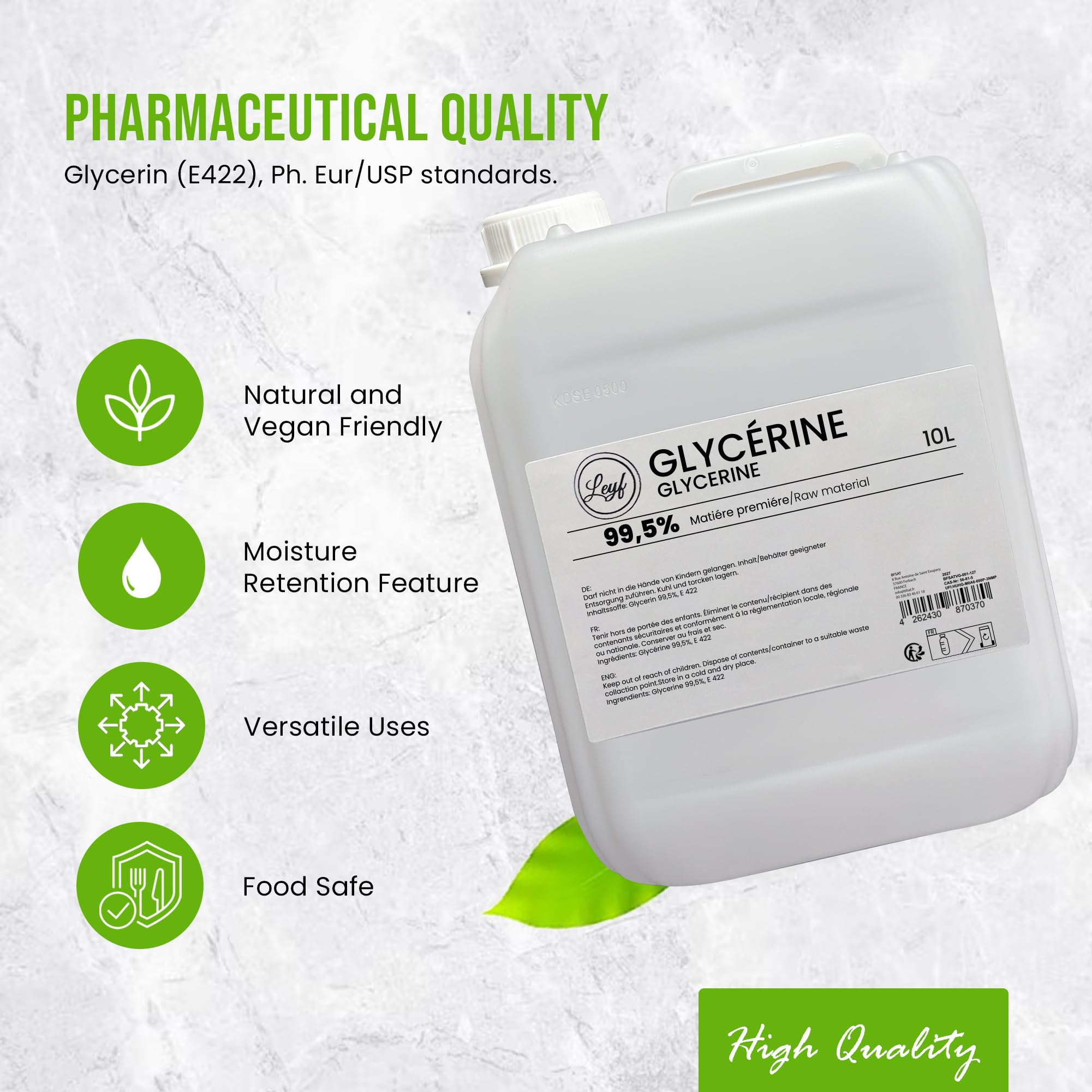 Leyf 10L Glycerin E422, Perfekt für DIY, Pharmaqualität 99,5% Reinheit, Lebensmittelqualität, Raw Material VG, Rein, Vegan, Ph. Eur/USP, 10000 ml