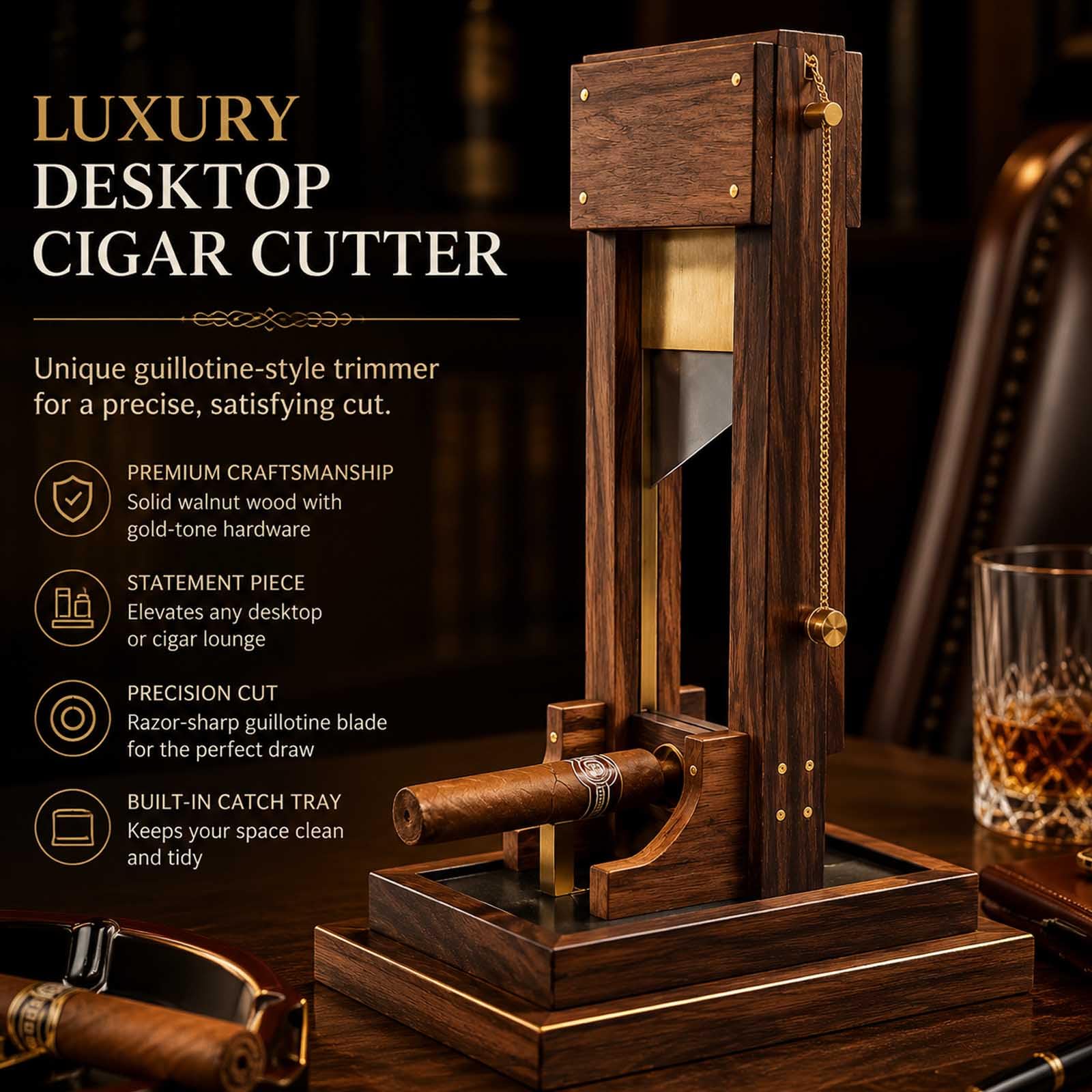 Luxuriöser Zigarrenschneider für den Schreibtisch, einzigartiger Guillotine Schneider, V-Schnitt & Gerader Schnitt mit integrierter Auffangschale und stabilem Standfuß, Elegantes Accessoire