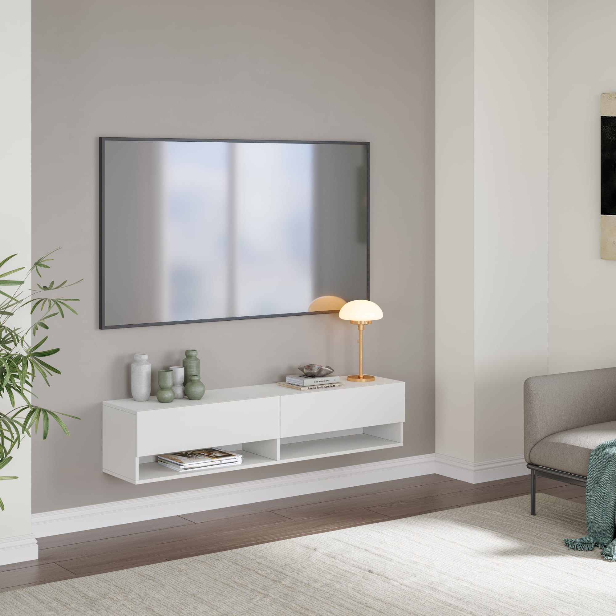 [en.casa] Mobile Porta TV da Parete a 2 Ante Bianco 140x31x30 cm | 2 Ante a Ribalta, Scomparti Chiusi Aperti, Mobile Contenitore Sospeso, Stand Multimediale Soggiorno Living