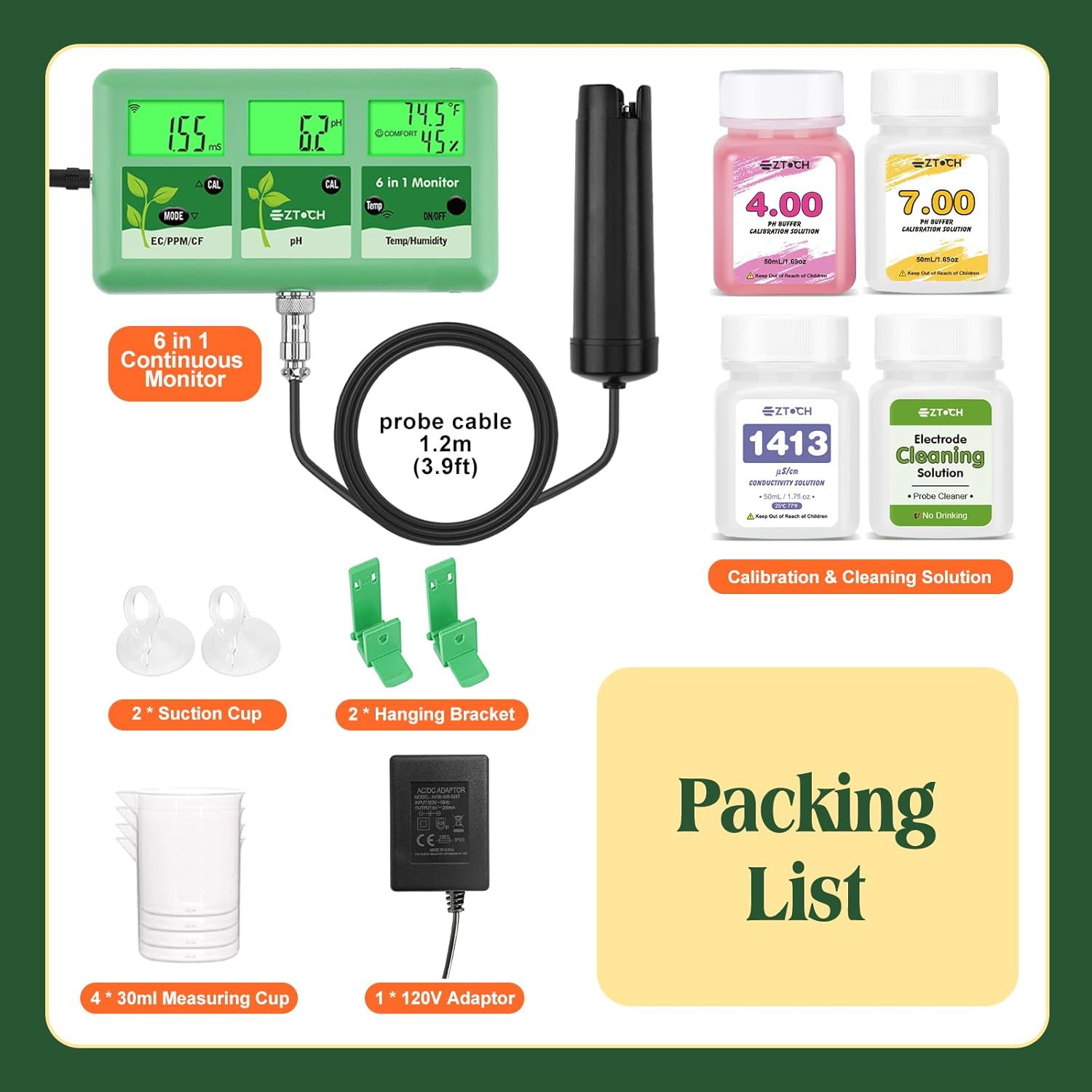 pH EC Continuous Monitor for Hydroponic, 6 in 1 WiFi EC PPM CF pH Meter, Digital pH TDS Temp Humidity Conductivity Monitor for DWC Hydroponic System, Aeroponic Gardening, Aquaponic