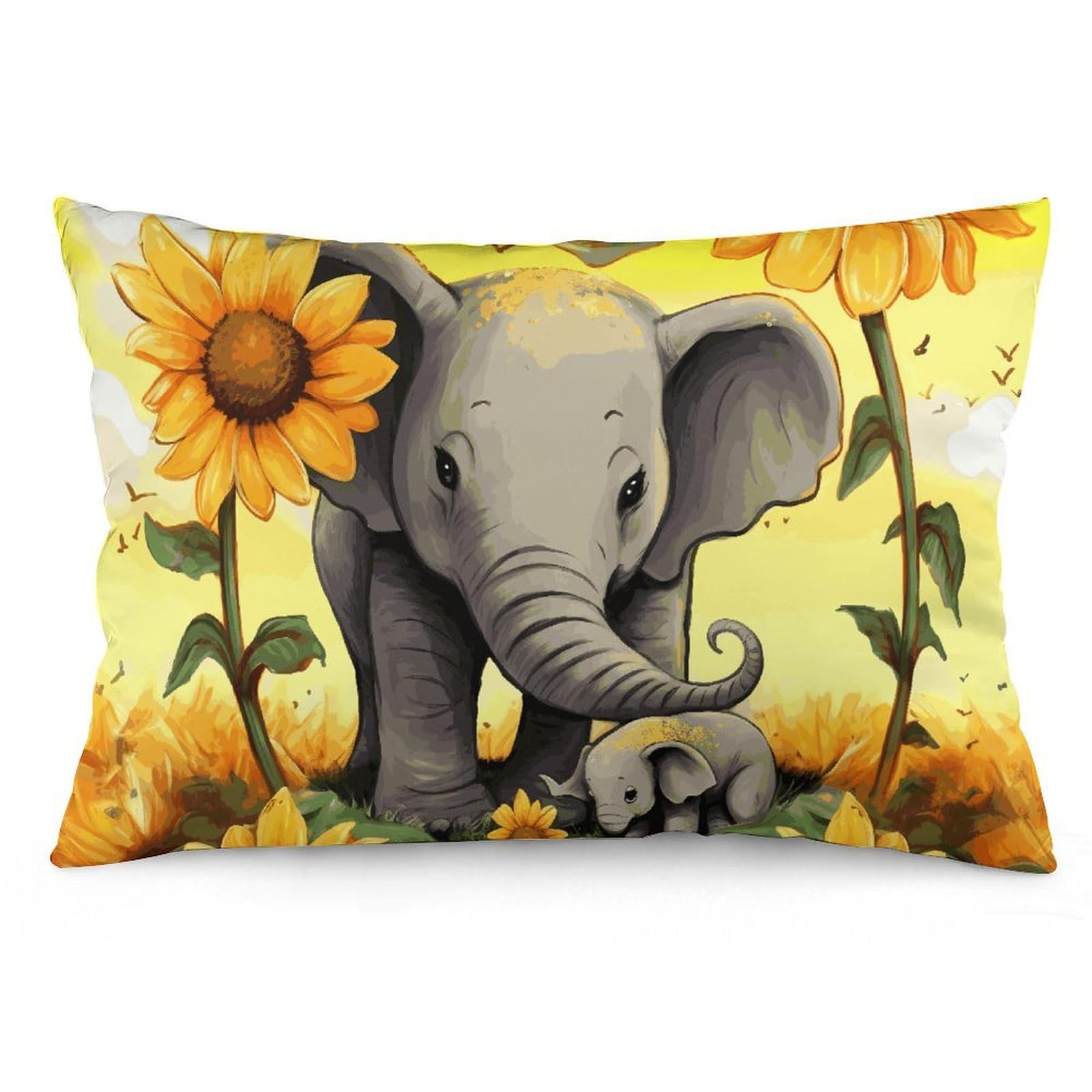 Velvet Pillowcases Standard Size 12 "x20, Ultra Soft Breathable Pillow Cases for Bed, Luxury Cozy Fuzzy Pillow Shams, Lumbar Pillow Cover, Elephant and Sunflowers Cushion Case Home Decor