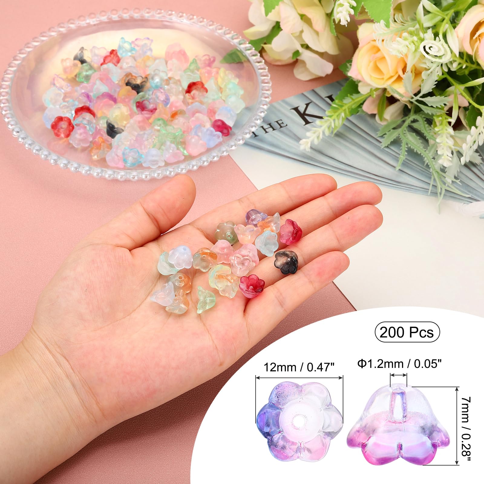 PATIKIL Glass Trumpet Flower Beads, 200 Pcs Gradient Flower Bead Charm for DIY Craft Decorations Blue, Purple - Image 2