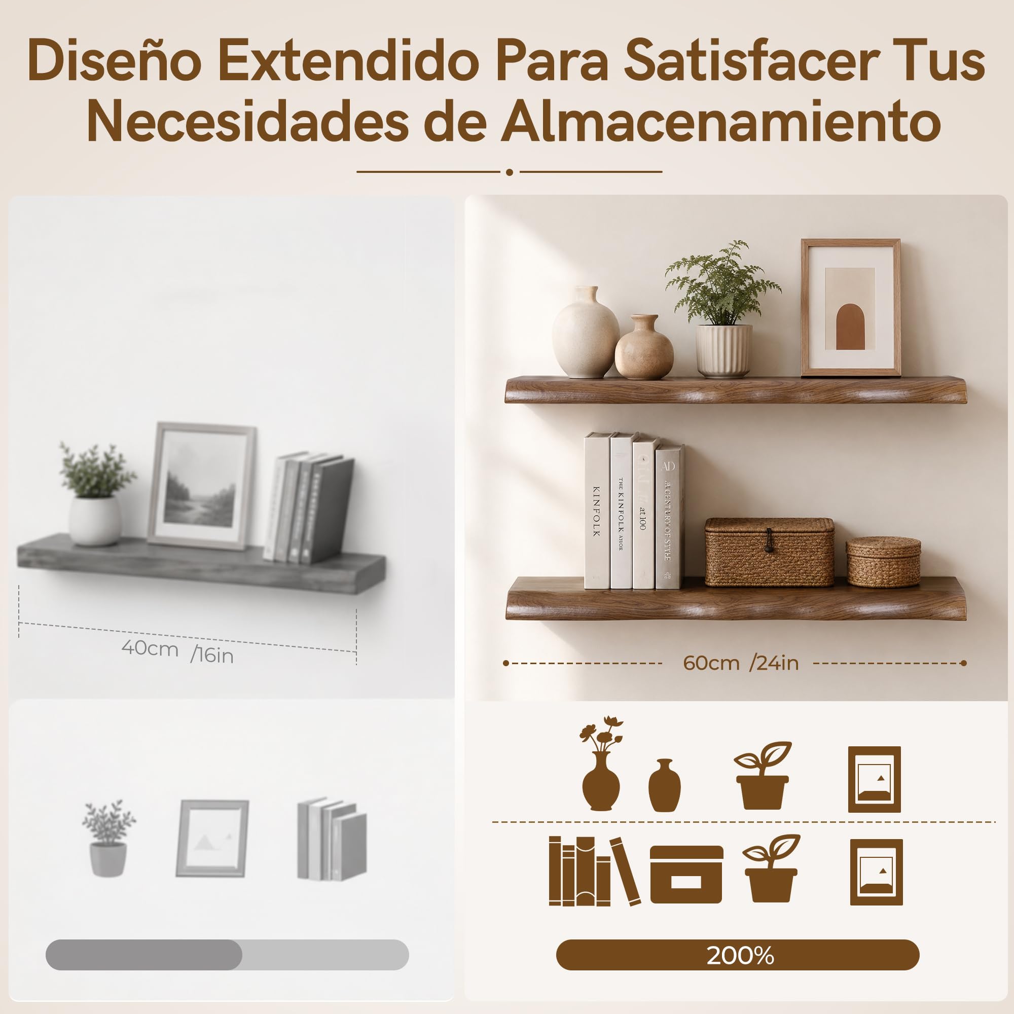 Afuly Estantería de Pared Larga, Baldas Flotantes Pared con Soporte Oculto | 60cm Repisas de Pared Nogal Juego de 2, Baldas de Madera, Almacenaje, Decoración para Fotos, Decoraciones, Salón, Dormitorio