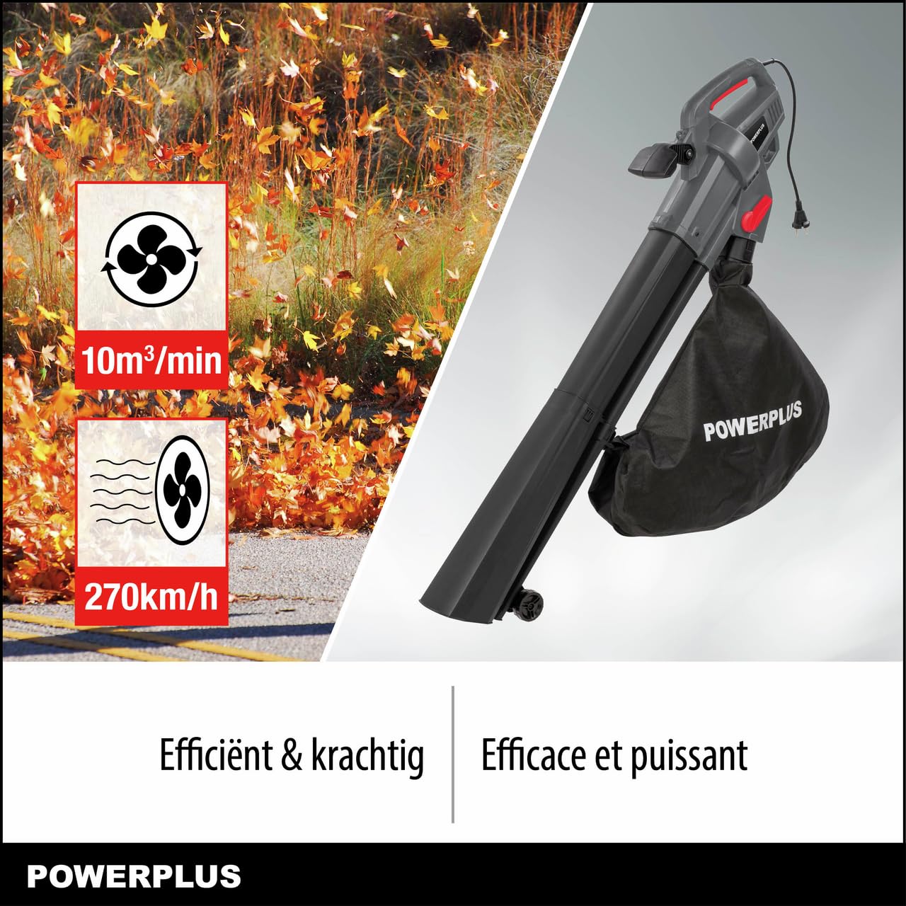 Souffleur de feuilles électrique - POWERPLUS - POWEG9014 - 3300 W - 270 km/h - 40 L - Gris