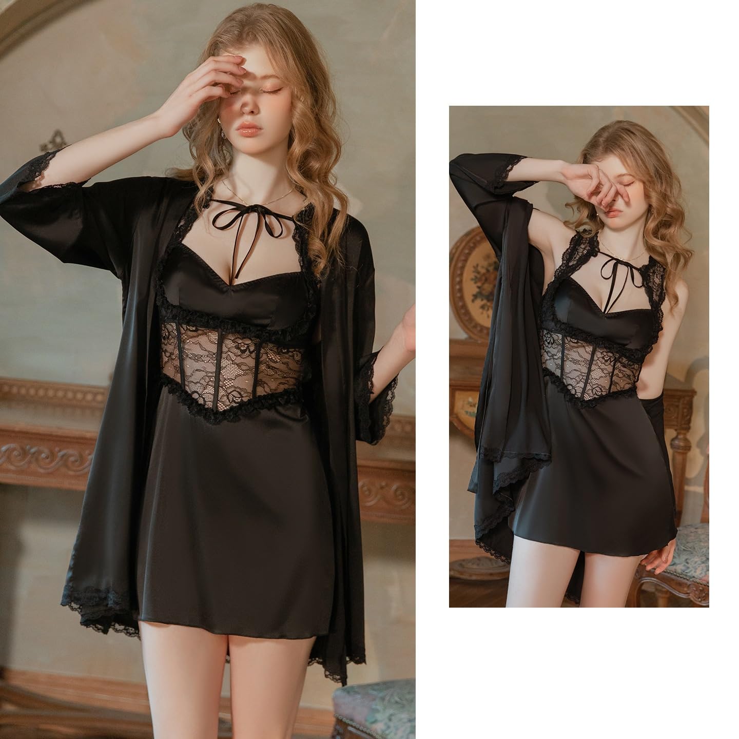 Vestaglia Sposa Completo da Notte/Vestaglia in Raso con Scollo A V E Lacci, in Pizzo Trasparente