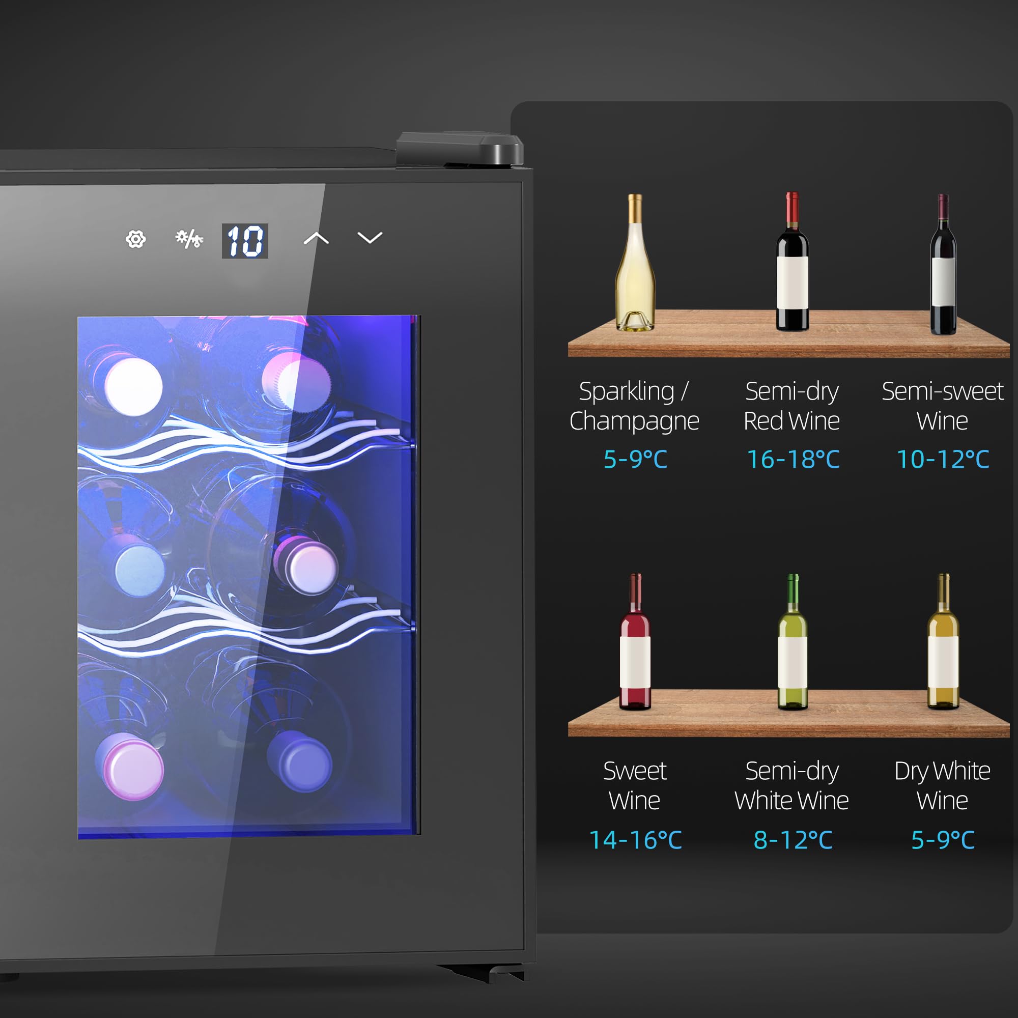 HOMCOM Vinoteca 6 Botellas, Nevera para Vinos con Doble Refrigeración Termoeléctrica, Temperatura Ajustable 8-18℃, Puerta de Vidrio, Anti-UV, Pantalla LED, Luz Interior, Negro
