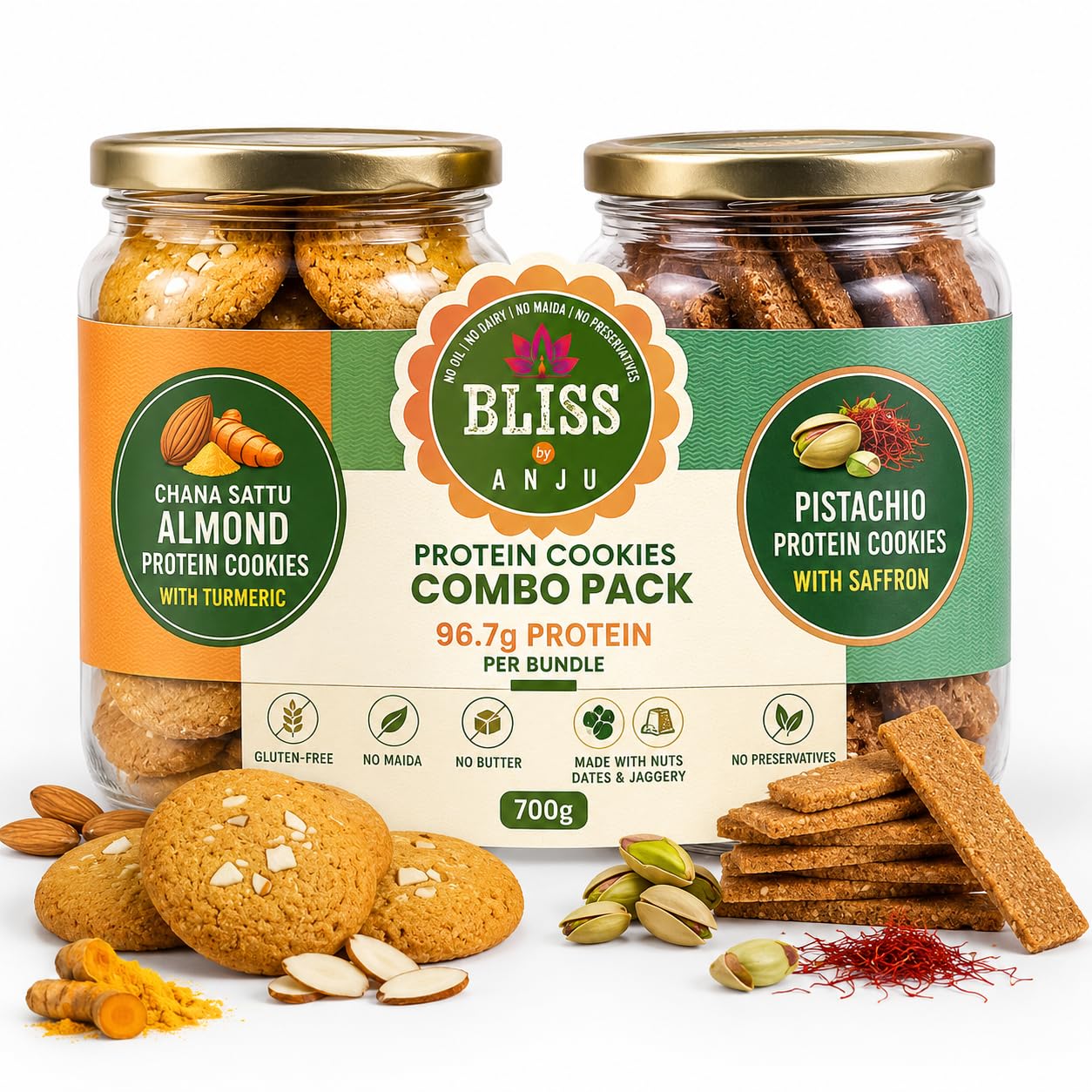 Bliss by Anju Protein Cookies Combo Pack (700g) | Chana Sattu Almond + Pistachio Saffron Cookies | 96.7g Protein per Bundle | Gluten-Free | No Maida, No Butter, No Oil | Made with Nuts, Dates & Jagger-image-14