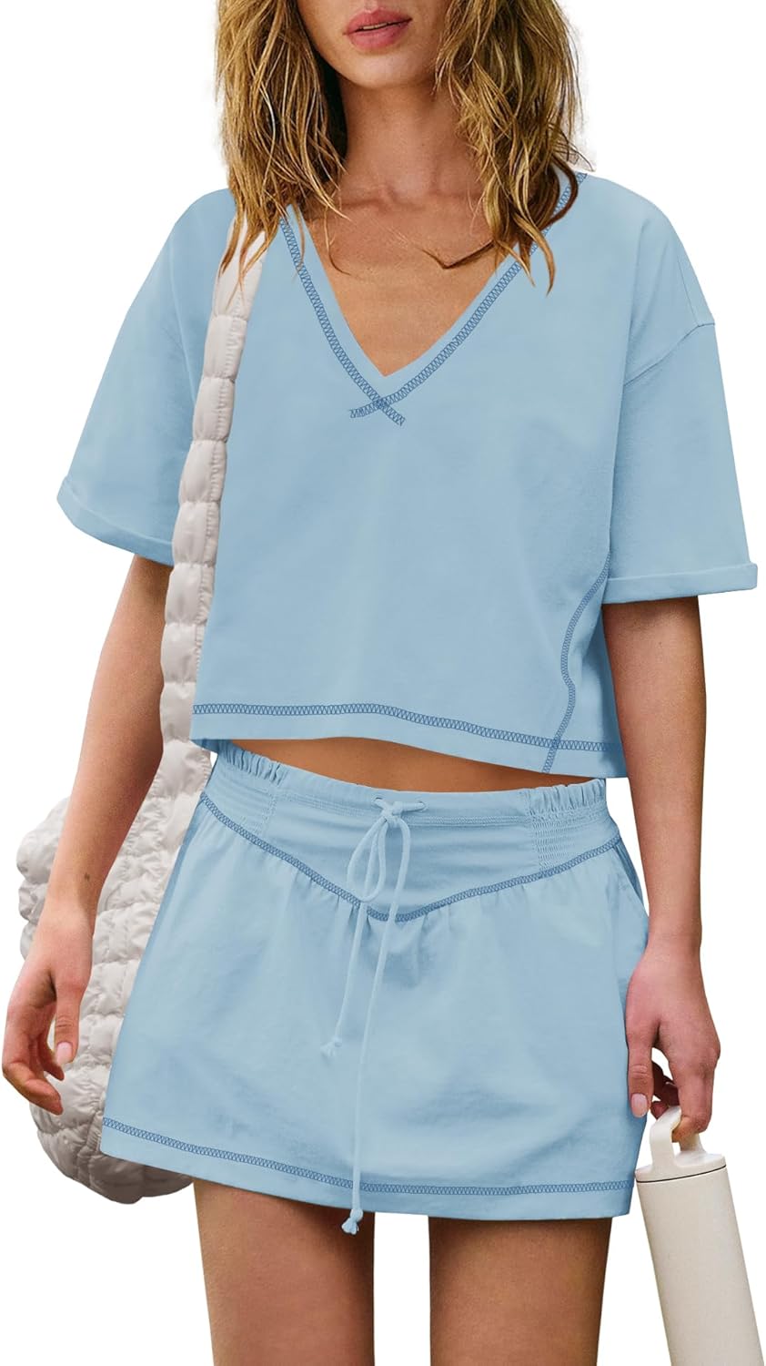 Panadila Womens Workout Set 2 Piece Outfits Skirt Set Matching Sets Crop Tops and Skirt with Shorts Sets with Pockets(Light Blue,M)
