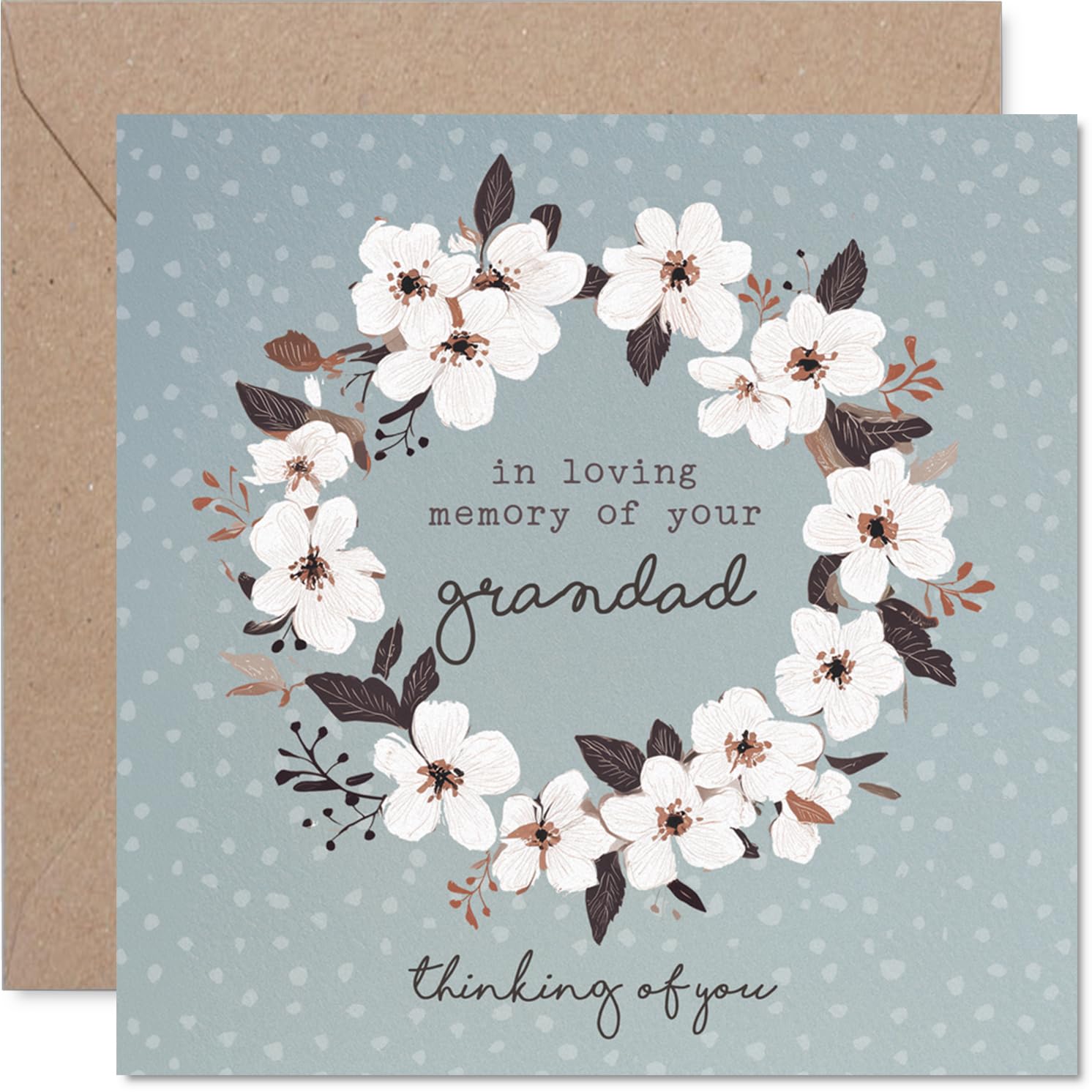 Comforting Sympathy Card - Loss of Grandad - Gentle Thoughts and Heartfelt Wishes - White Floral Wreath on Muted Blue - 145mm Square, Envelope Included