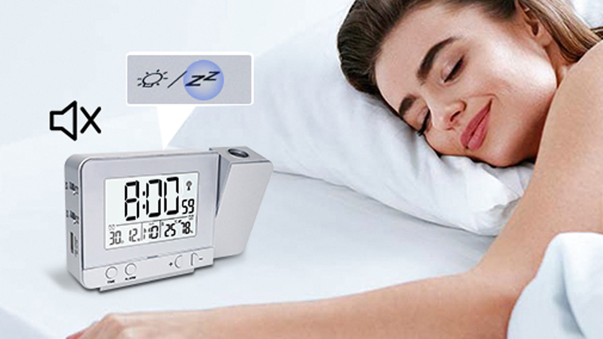 Sveglia Con Proiettore Houkiper - Orologio Digitale Con Proiezione Ora/Temperatura Su Soffitto, Argento