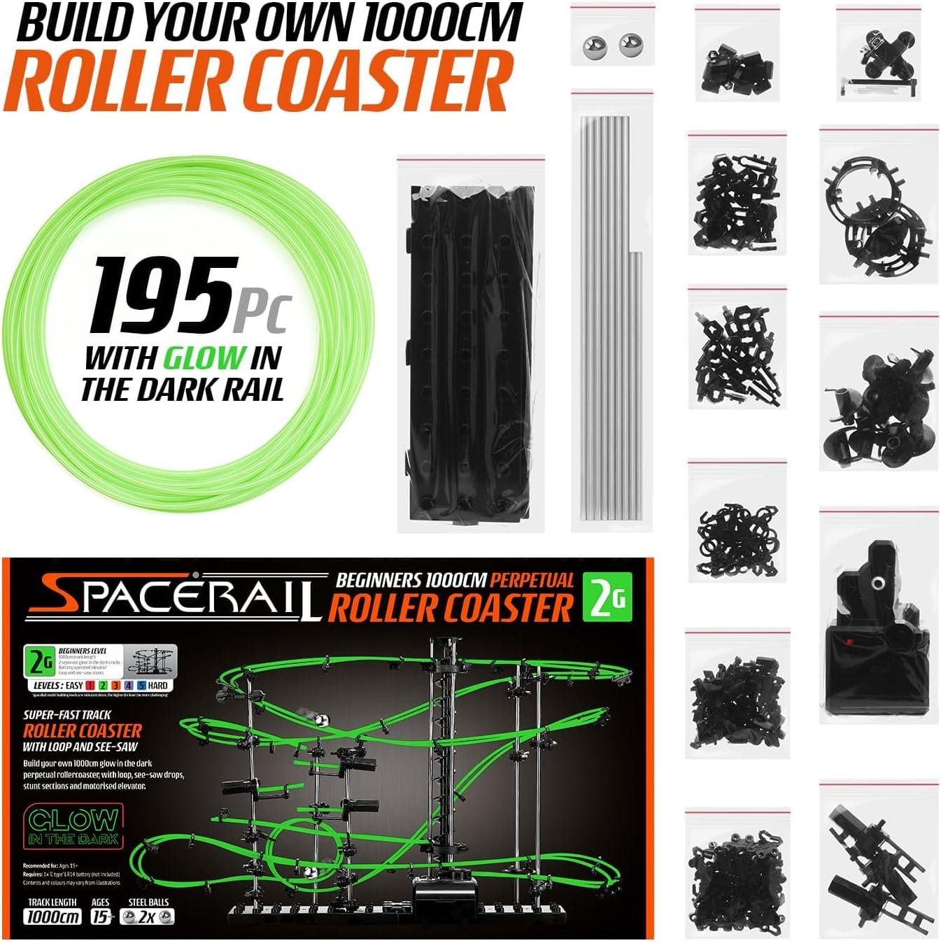 CKB LTD Space Rail Perpetual Rollercoaster Glow in The Dark Level 2 - Marble Roller Coaster Run DIY Track Build Kit Space Rail Track Run