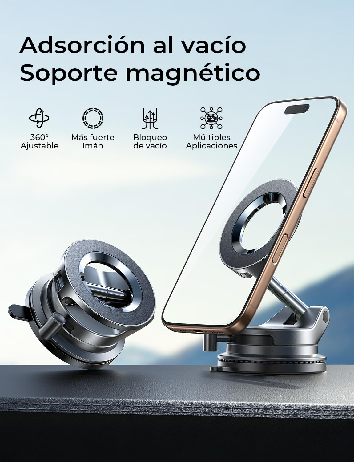 LISEN Soporte Móvil Coche Magsafe, [15+KG Vacío Ventosa & 20N Imán] Suporte Magnetico Telemovel Carro, Soporte Telefono Coche Magsafe Car Mount para iPhone 16 Pro MAX 15 14 13 12 Negro