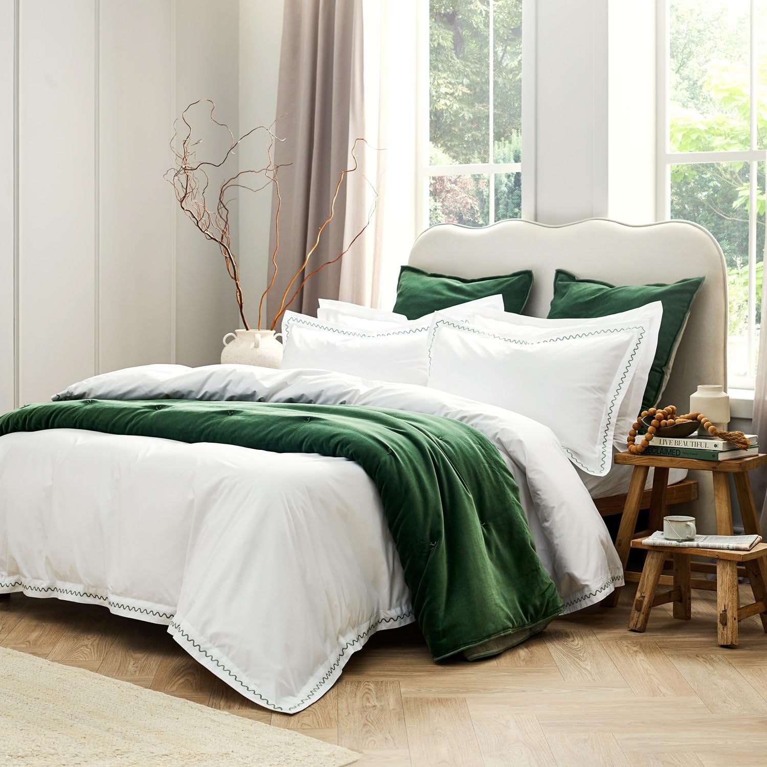 Christy Wave Embroidery Double Duvet Set | 200cm X 200 cm | Timeless Design | Super Soft and Silky Finish | Sage Green