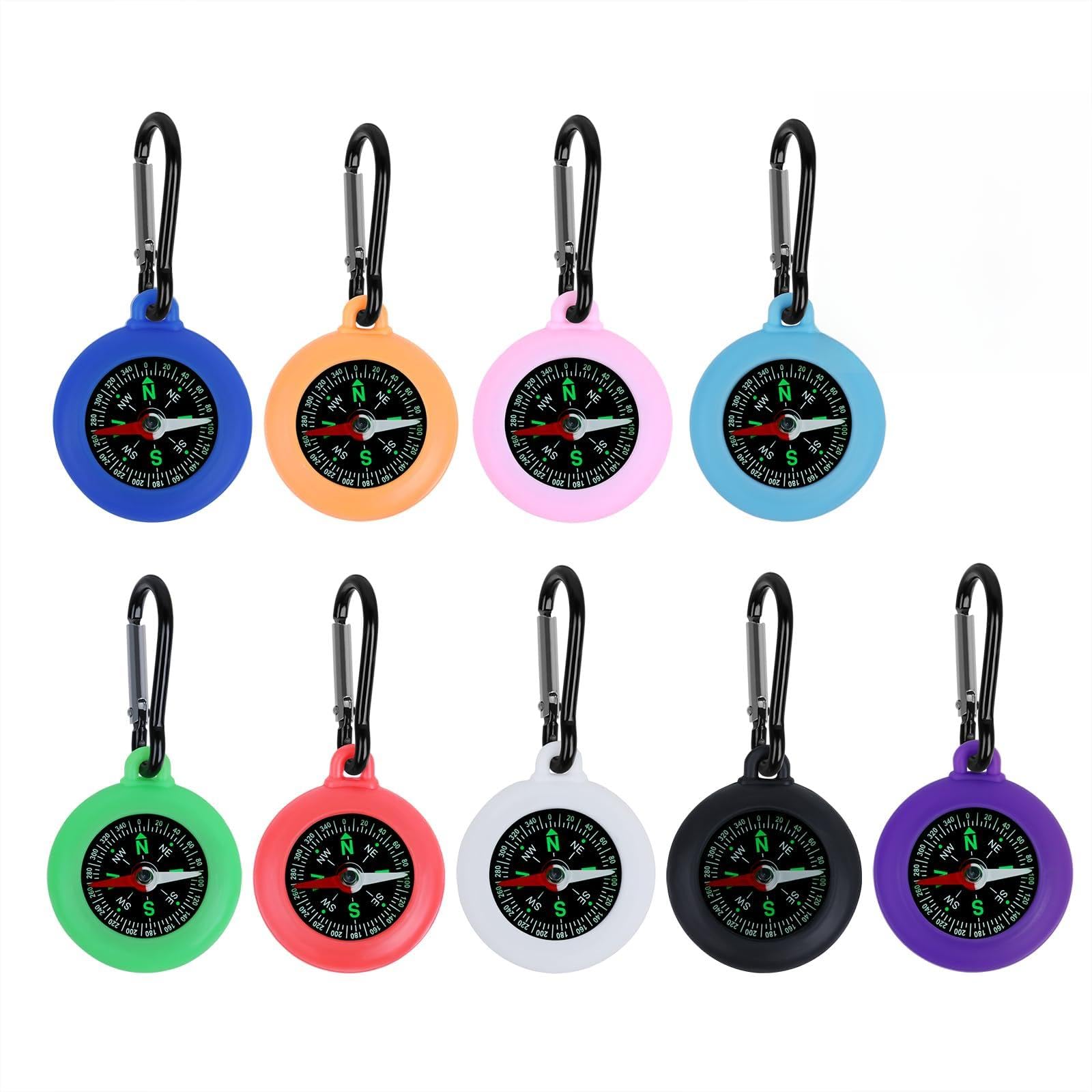 9 Pcs Carabiner Compass with Keychains, Colorful Portable Compact Navigation Compass Keychain for Outdoor Camping Hiking Navigation Survival Sports