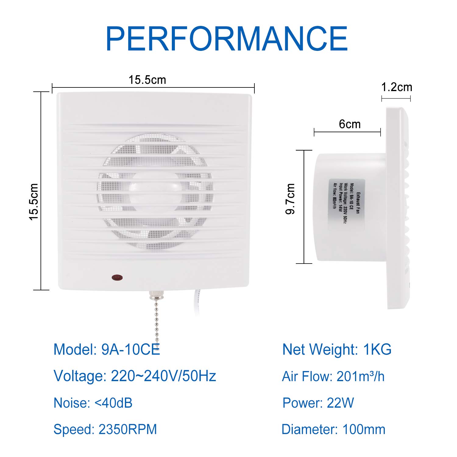 Hon&Guan 4 Inch Pull Cord Bathroom Extractor Fan 100mm Duct