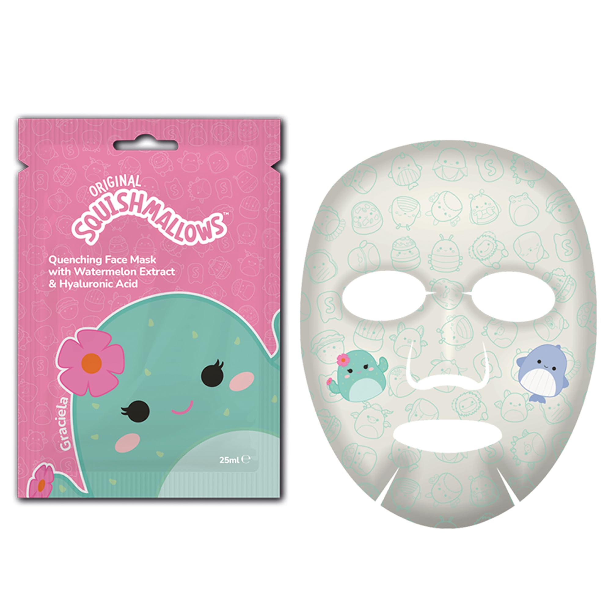 5-częściowy zestaw maseczek do twarzy Squishmallows - kokos, truskawka, mango, jagoda i arbuz, idealne na nocowanie dla dziewcząt lub zabawne piżamy.
