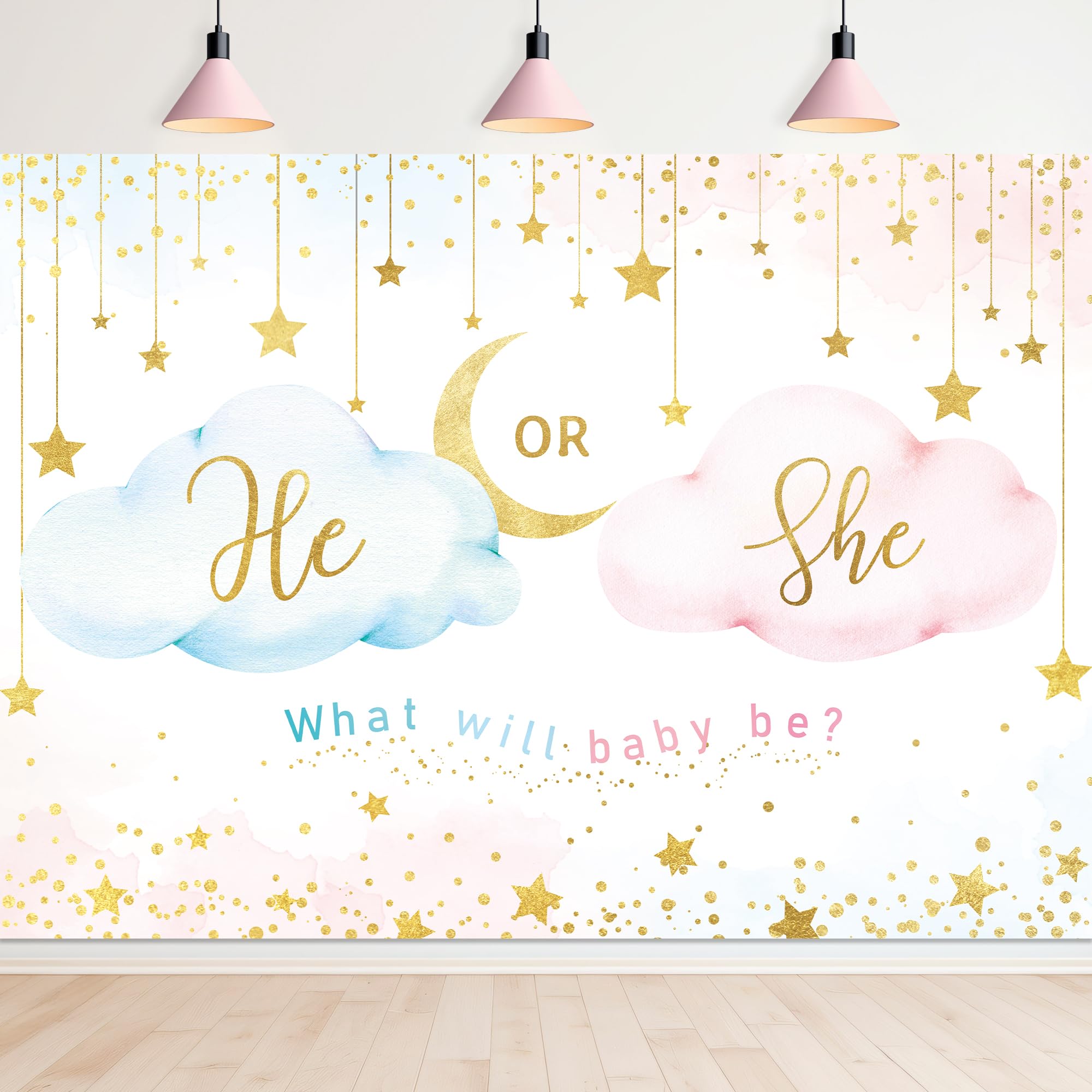 He Or She Gender Reveal Backdrop 7Wx5H Boy or Girl Pink Cloud What Will Baby Be Background Gold Stars Moon Cute Lovely Newborn Party Decorations Banner Photo Booth Props Birthday Supplies