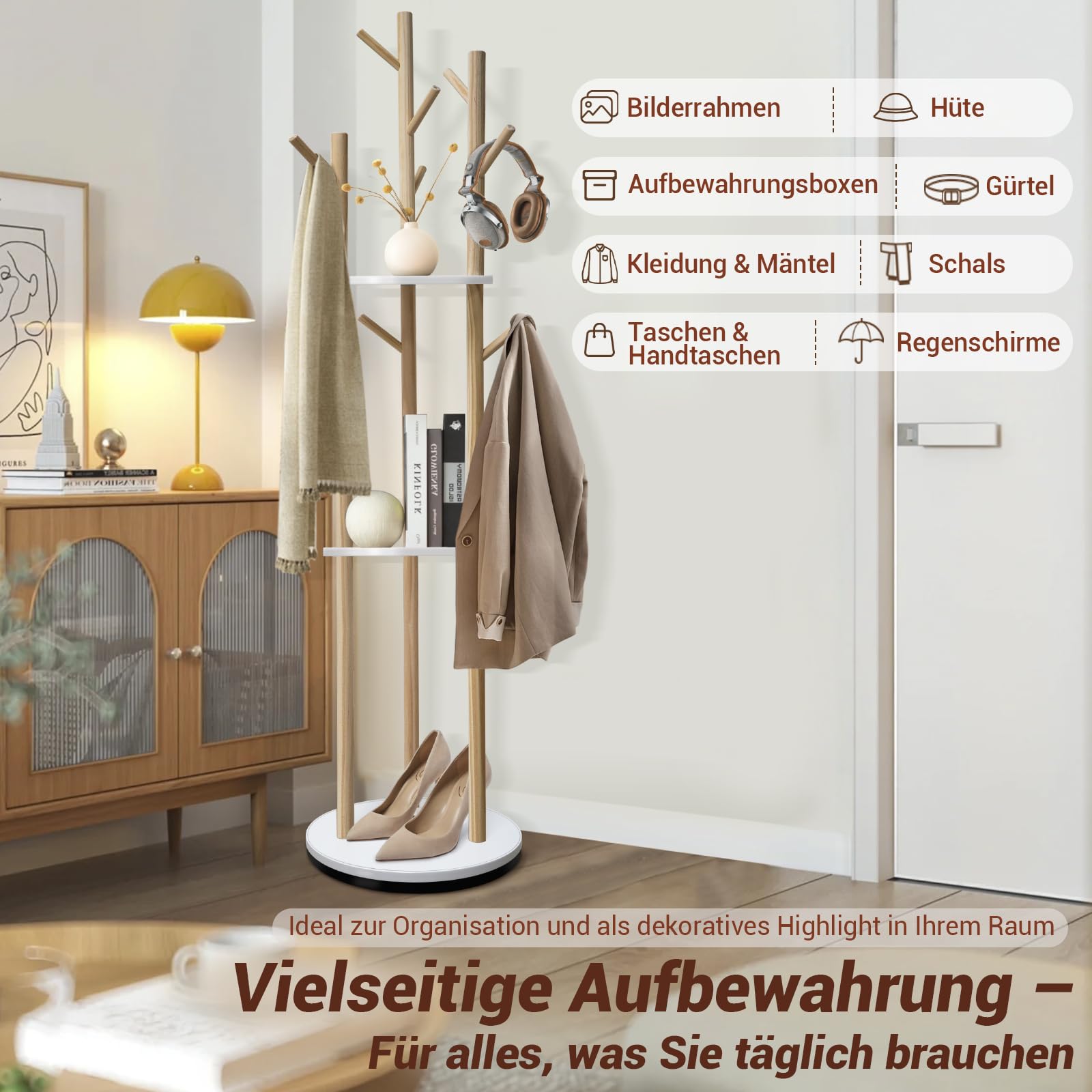 SUNDOY Drehbarer Garderobenständer aus Massivholz, 3 Ablagen & 9 Haken, stabil & einfach zu montieren, für Flur & Schlafzimmer, 165×41×41 cm, für Hüte, Schals & Taschen (Drehbare Garderobe)