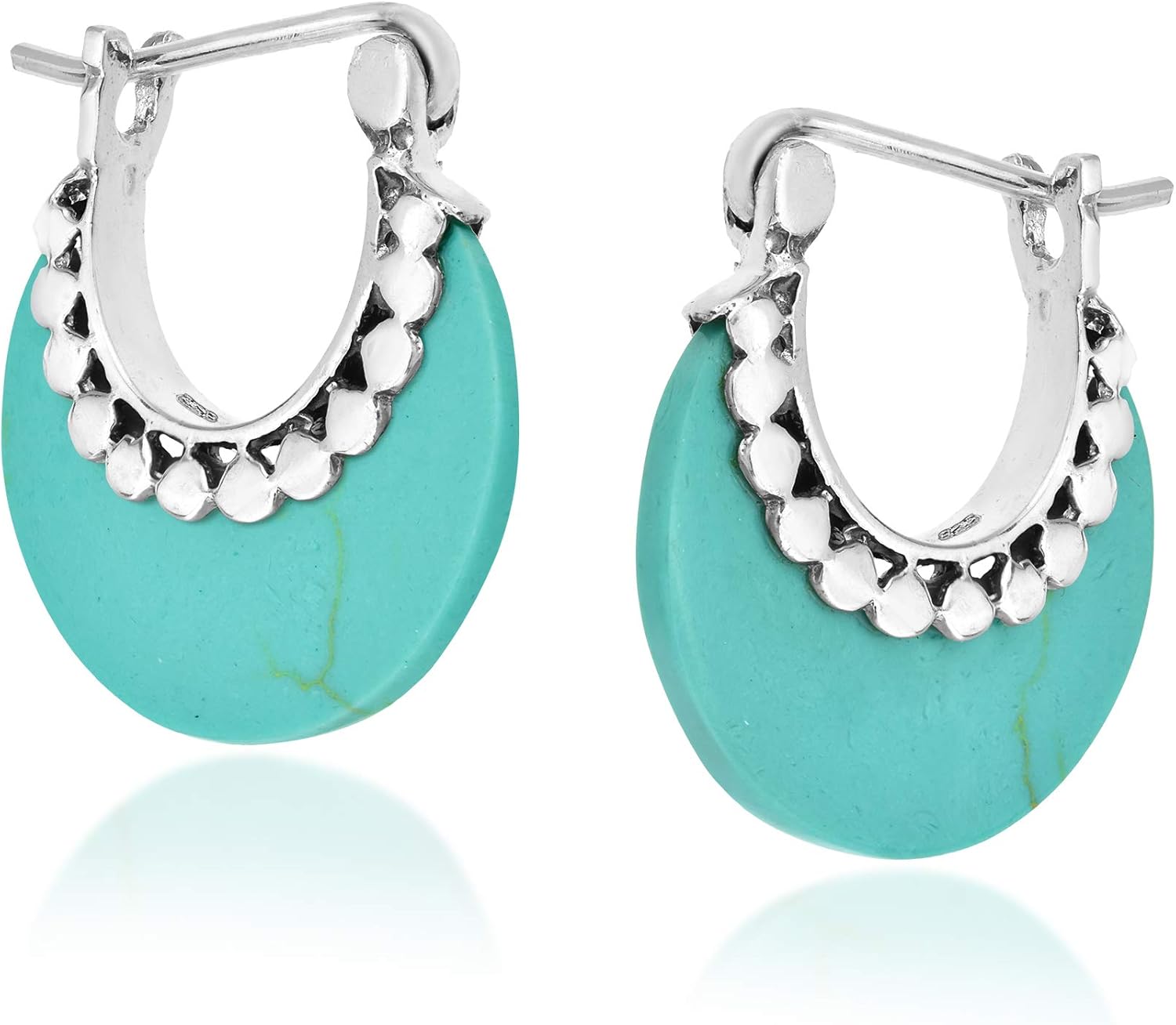 AeraVida Rounded Moon Simulated Green Turquoise .925 Sterling Silver Huggie Hoop Earrings | Green Turquoise Sterling Silver Earrings | Huggie Hoop Earrings for Women Jewelry Gifts