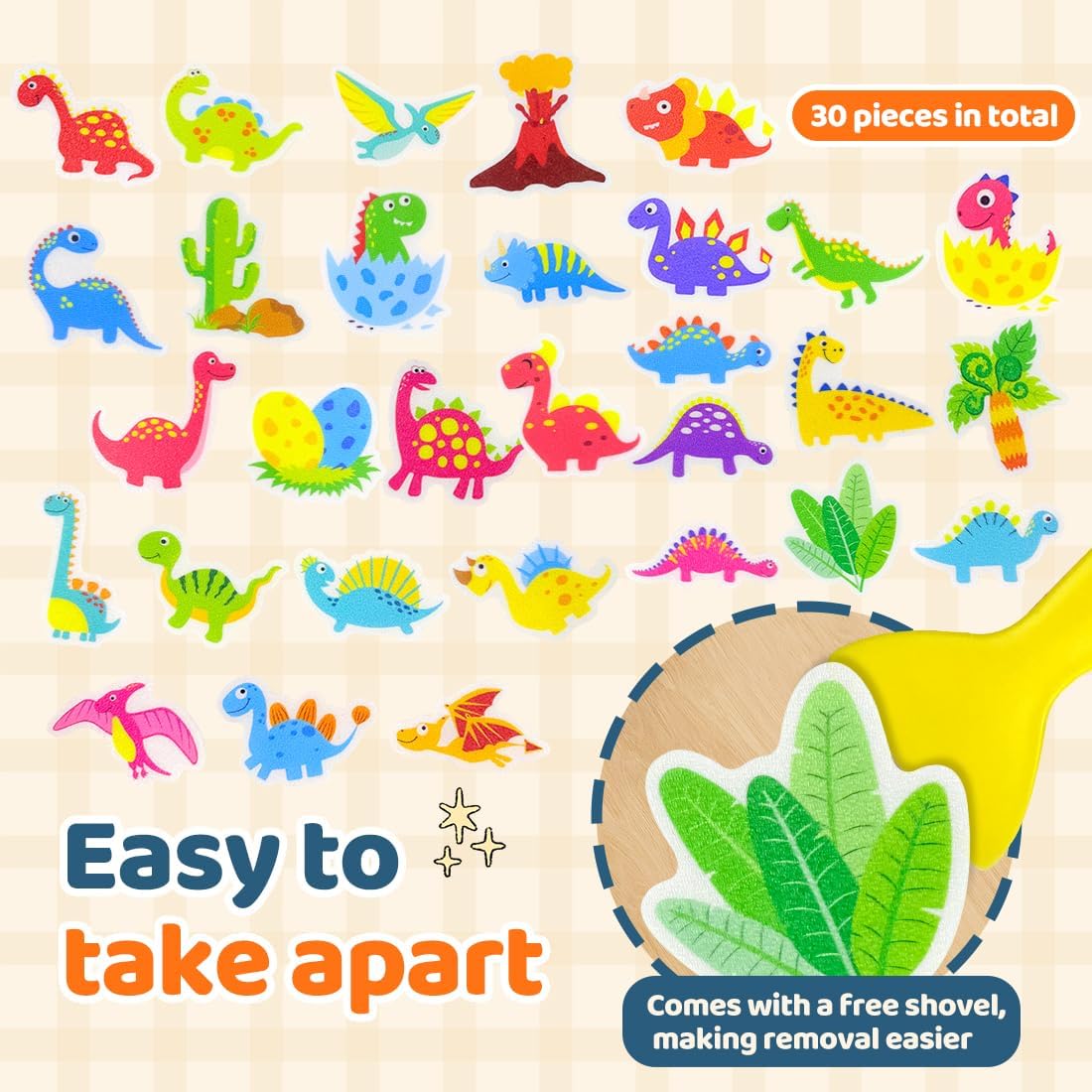 30 PCS Non Slip Bathtub Stickers for Kids, Cute Anti-Slip Shower Treads with Premium Scraper, Waterproof Safety Appliques for Bathroom Tub, Shower Floor, Stairs (Dinosaur)