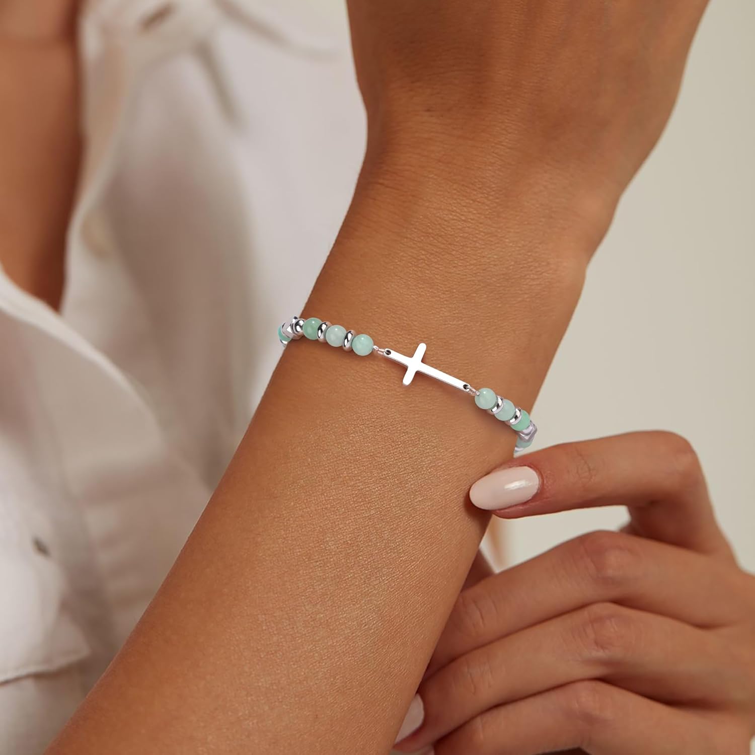 JoycuFF Christian Gifts for Women Cross Bracelet Faith Easter Catholic Religious Christian Jewelry, Meaningful Baptism Communion Natural Beads Bracelets - Image 2