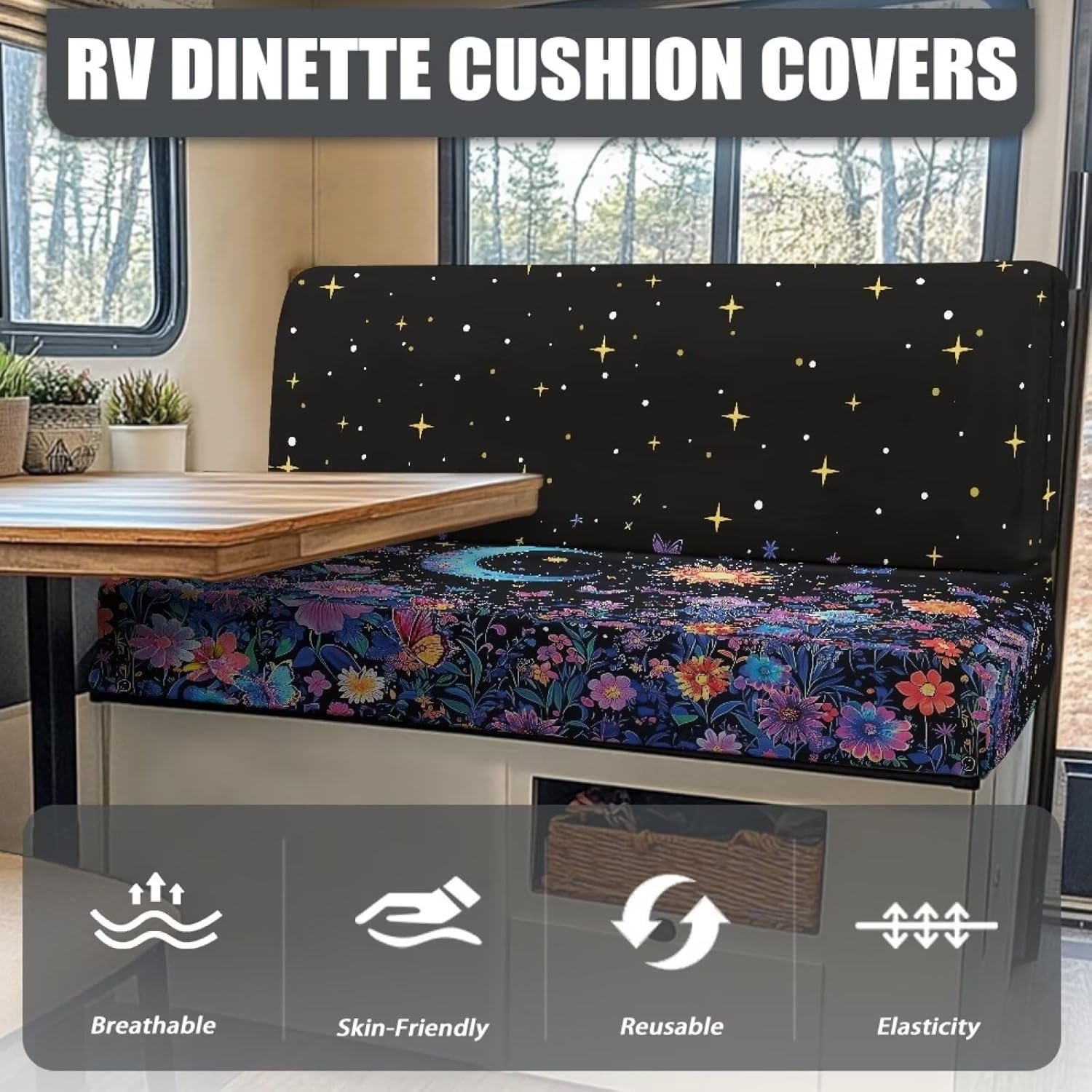 Stretch Loveseat Sofa Cover Slipcover, Moon Floral Couch Covers for 2 Cushion Couch Sofa - Furniture Protector Sofa Cushions with Elastic Bottom for Camper Rv Accessories