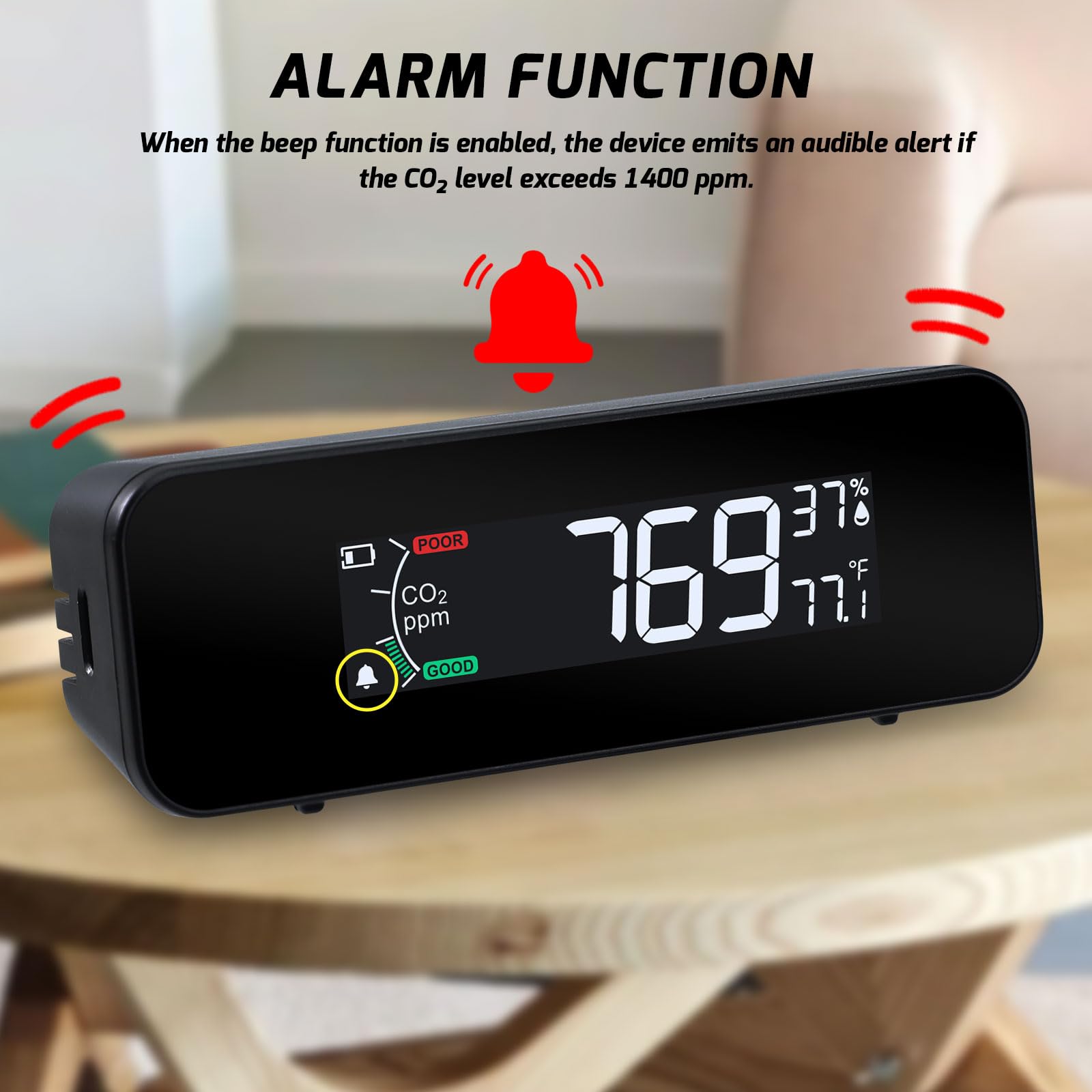 Monitor de CO2 portátil, medidor de CO2, 0 ~ 5000 pppm, detector de dióxido de carbono, mide CO2, temperatura, humedad, calidad del aire, monitor de CO2 con indicador y alarma de zumbador, detector de