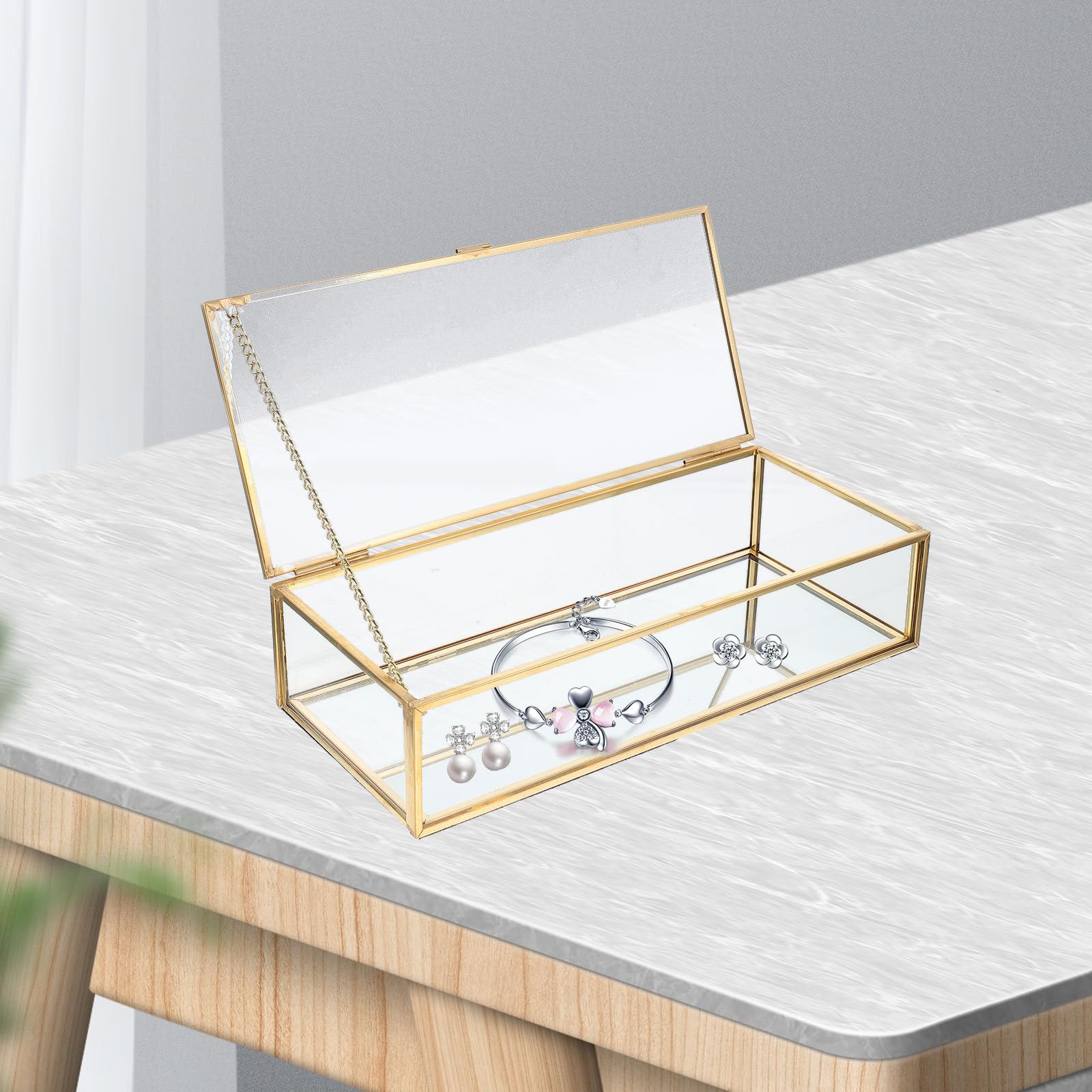ULTECHNOVO Schmuckschatulle mit Deckel aus Glas Transparente Goldene Stabile Rahmen und Mehr Stauraum für Schmuckaufbewahrung zu Hause und Reisen