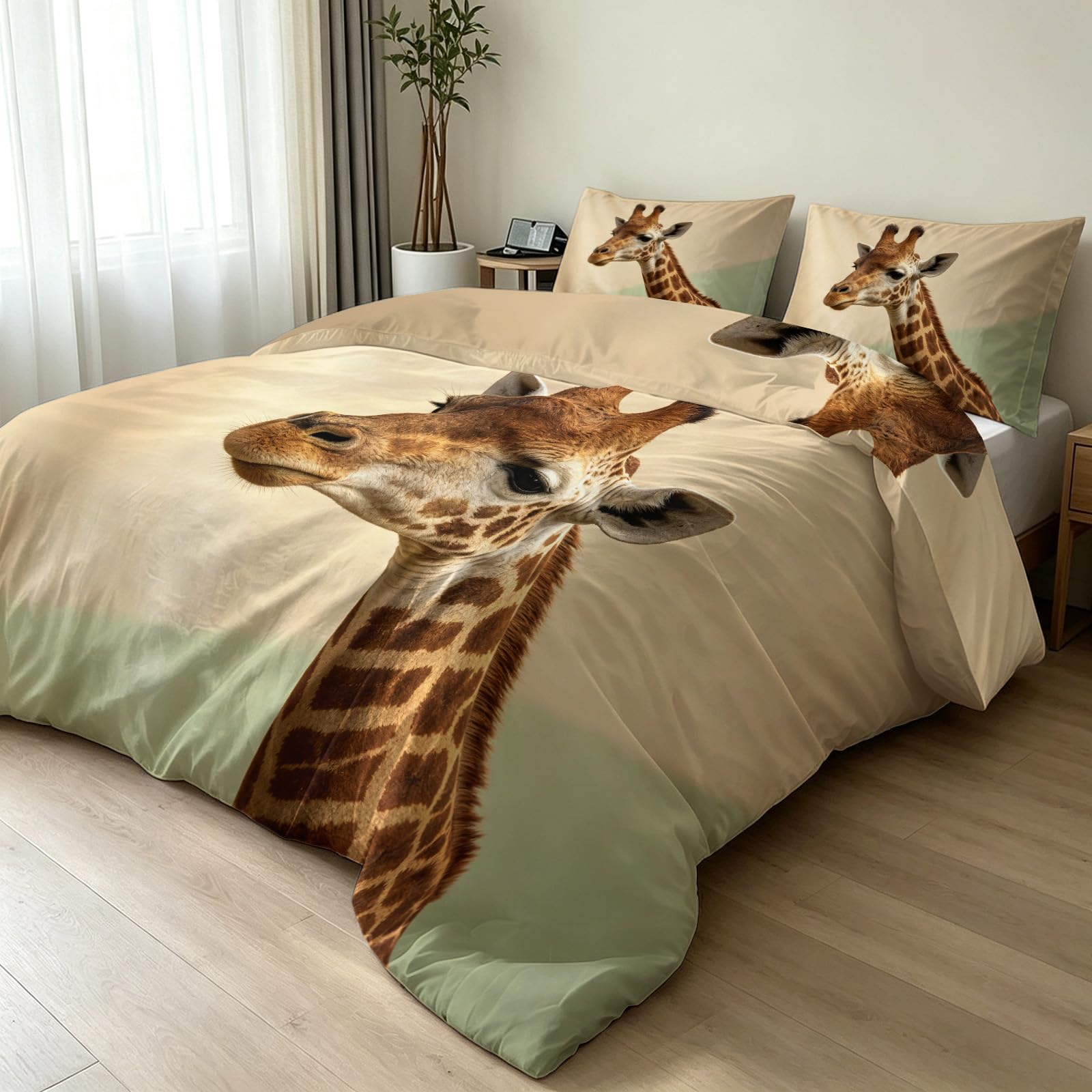 Żyrafa Pościel 3D, 200 x 200 cm, zestaw pościeli ze zwierzętami, pościel z mikrofibry, dwustronny komplet pościeli z ukrytym zamkiem błyskawicznym i 2 poszewkami na poduszki, 80 x 80 cm, zestaw