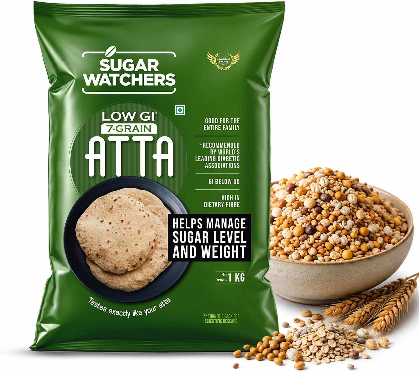 Sugar Watchers Low GI 7-Grain Atta | Diabetic Friendly | Clinically Certified Low GI | Dietician Recommended | Goodness of Jowar, Chana & Isabgol | High Protein & High Fibre | Rich in Iron, Magnesium and Calcium | Multigrain atta for entire family | 1 Kg