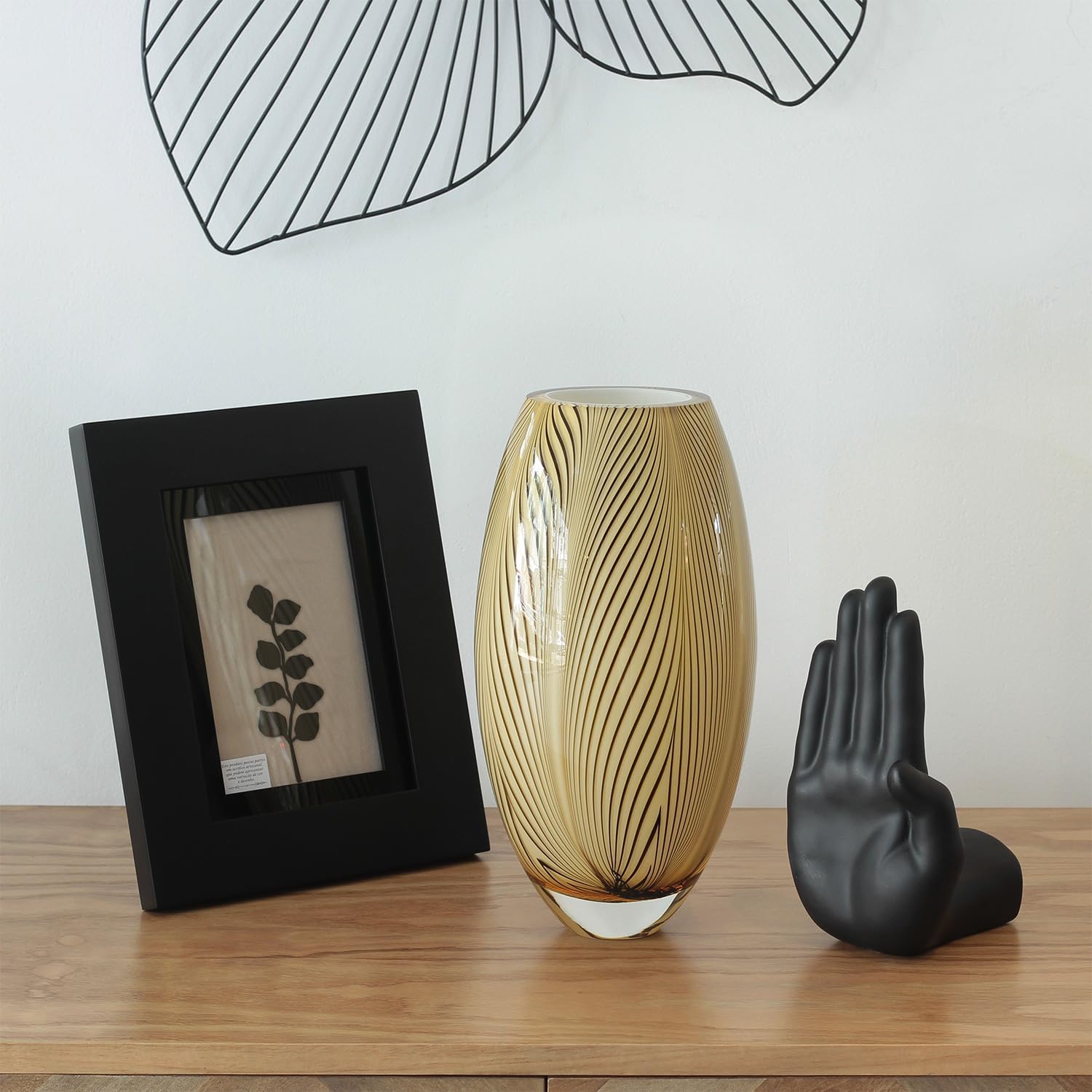 Ca D Oro Murano Style Glass Vase Amber Feather Pattern Hand Blown Art Glass for Flower, Room Decoration and Centerpiece - Model 54 MS - Image 3